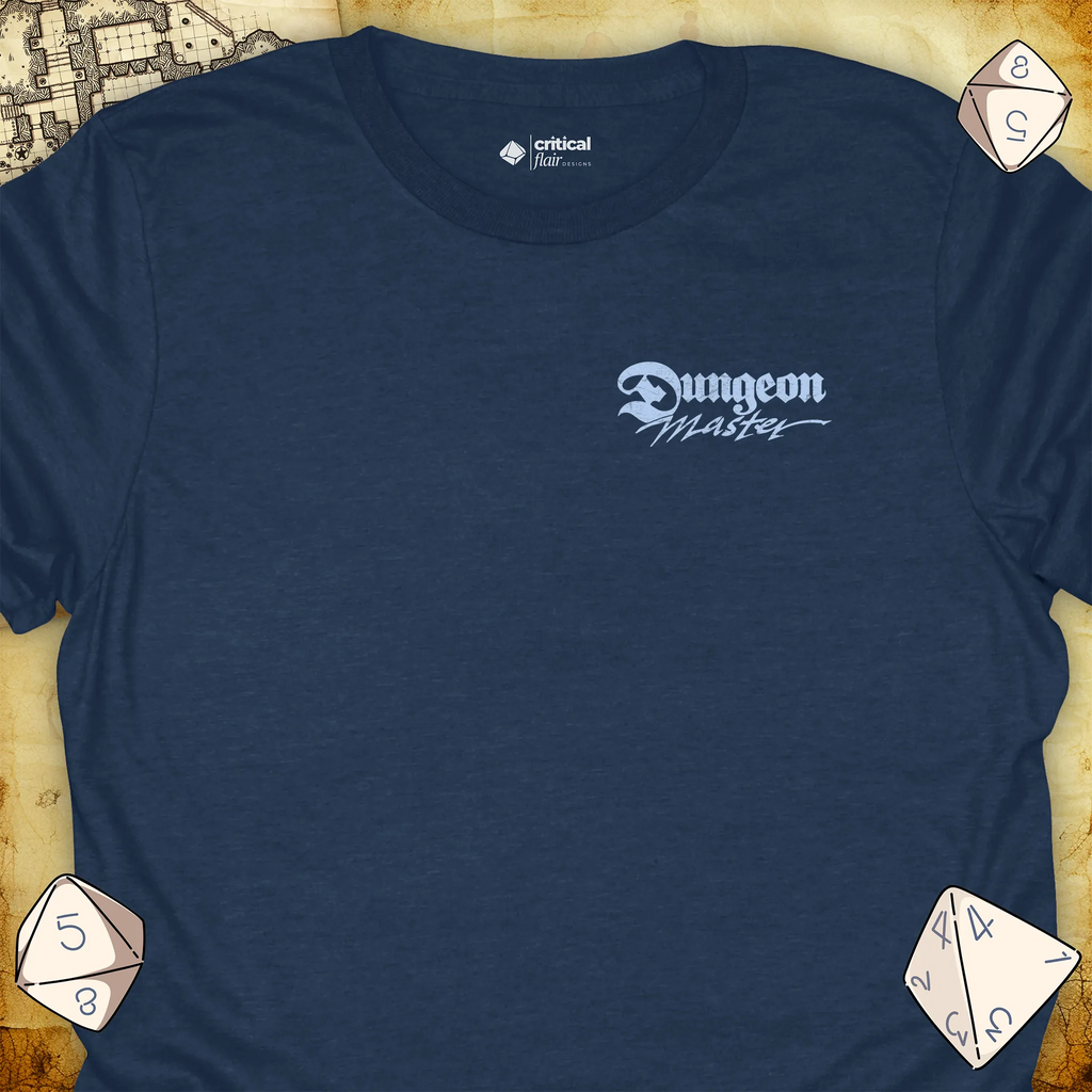 Critical Flair Dungeon Master (Badge) T-Shirt Heather Navy / S - Dungeons and Dragons and tabletop RPG gaming apparel