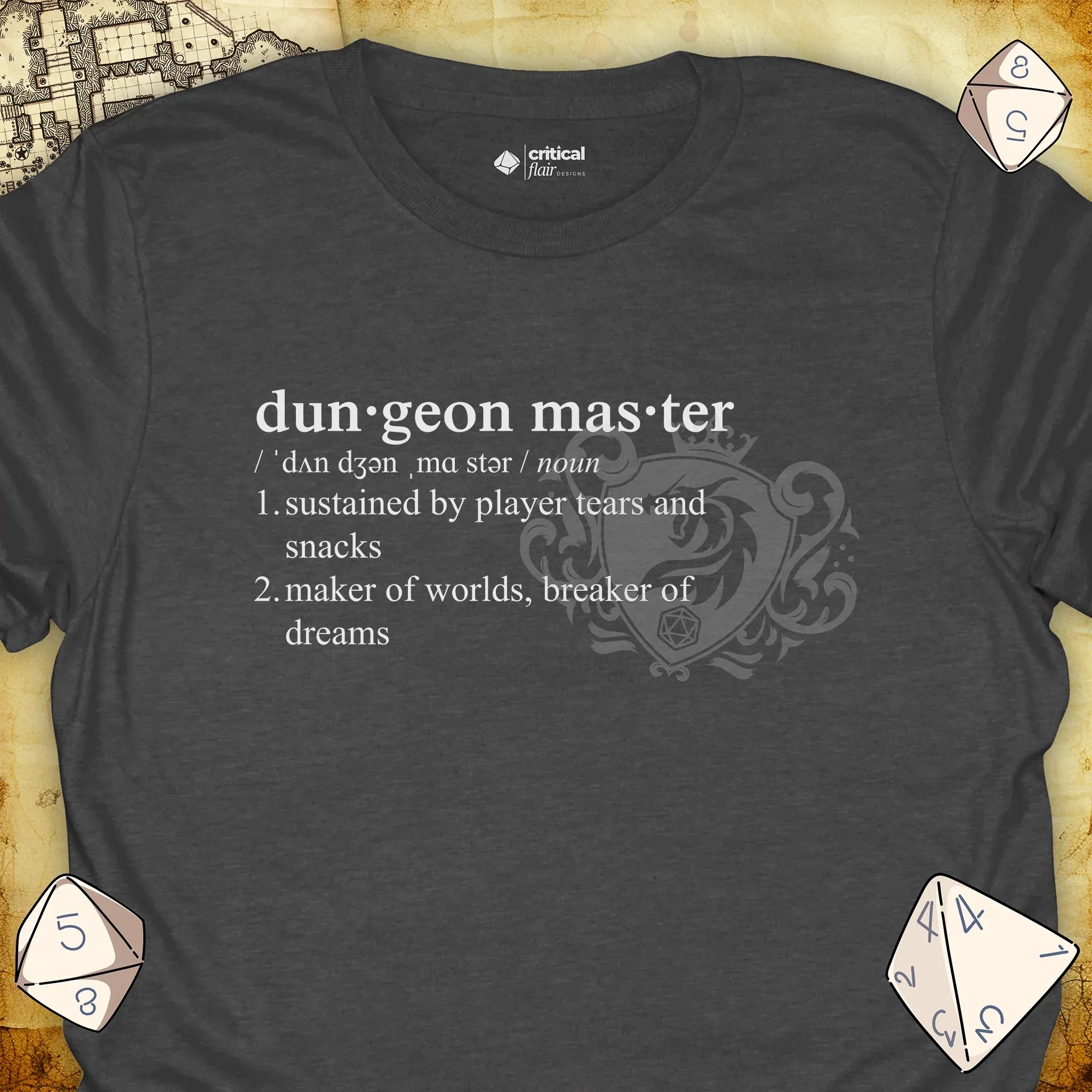 Critical Flair Dungeon Master Definition T-Shirt Dark Heather / S - Dungeons and Dragons and tabletop RPG gaming apparel