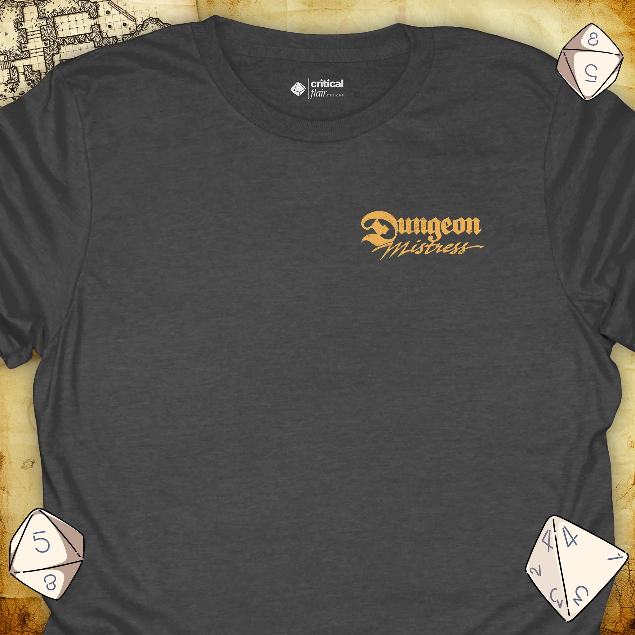 Critical Flair Dungeon Mistress (Badge) T-Shirt Dark Heather / S - Dungeons and Dragons and tabletop RPG gaming apparel
