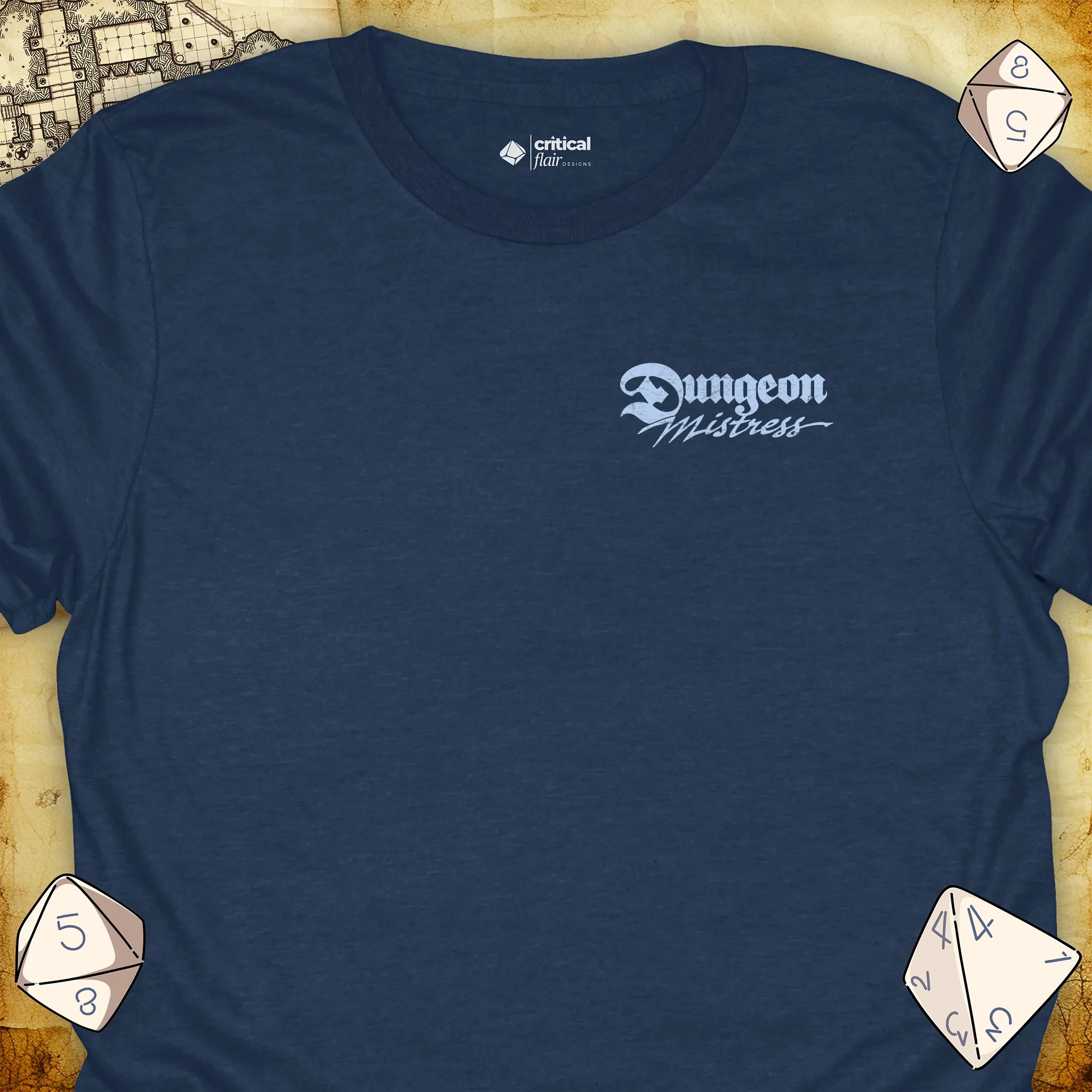 Critical Flair Dungeon Mistress (Badge) T-Shirt Heather Navy / S - Dungeons and Dragons and tabletop RPG gaming apparel