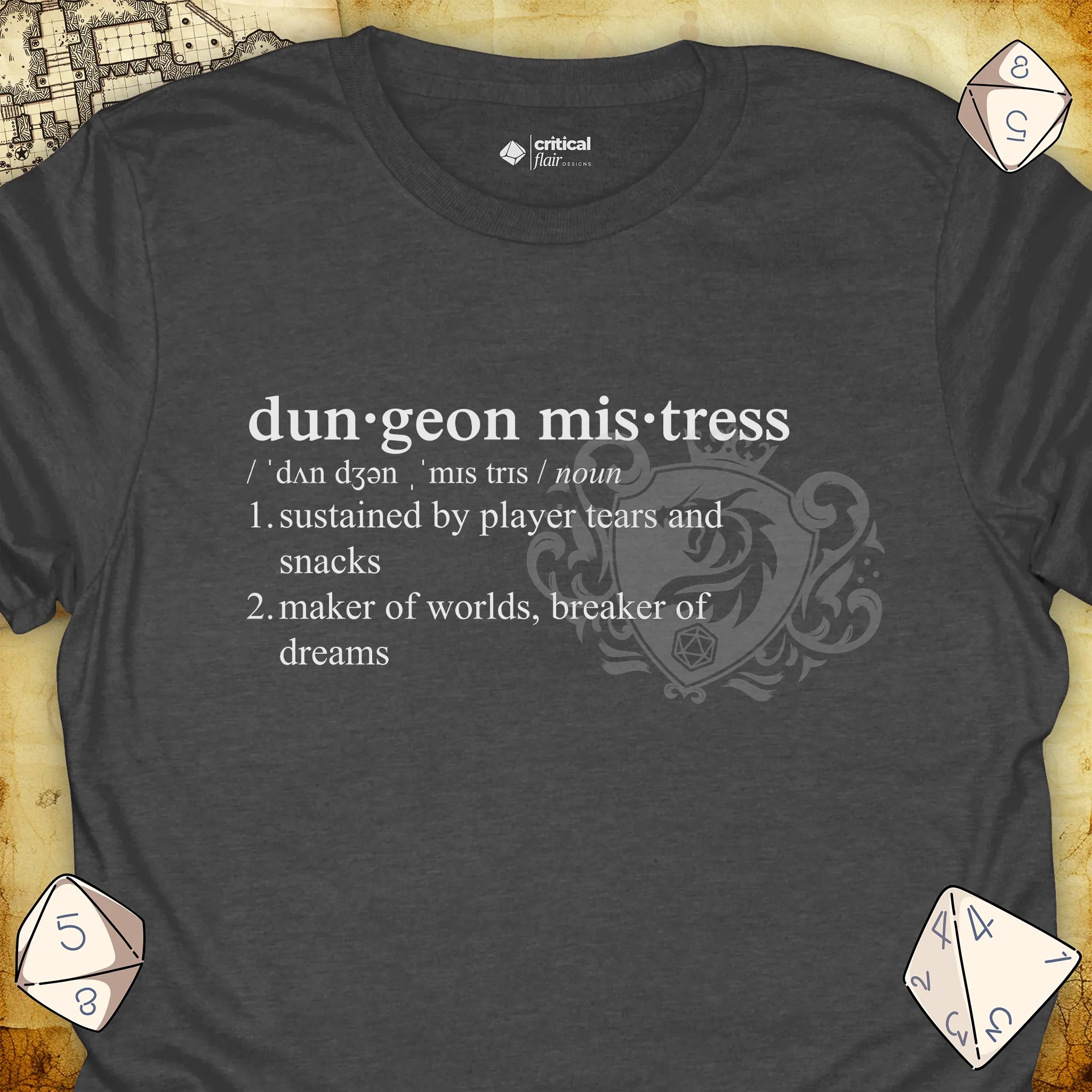 Critical Flair Dungeon Mistress Definition T-Shirt Dark Heather / S - Dungeons and Dragons and tabletop RPG gaming apparel