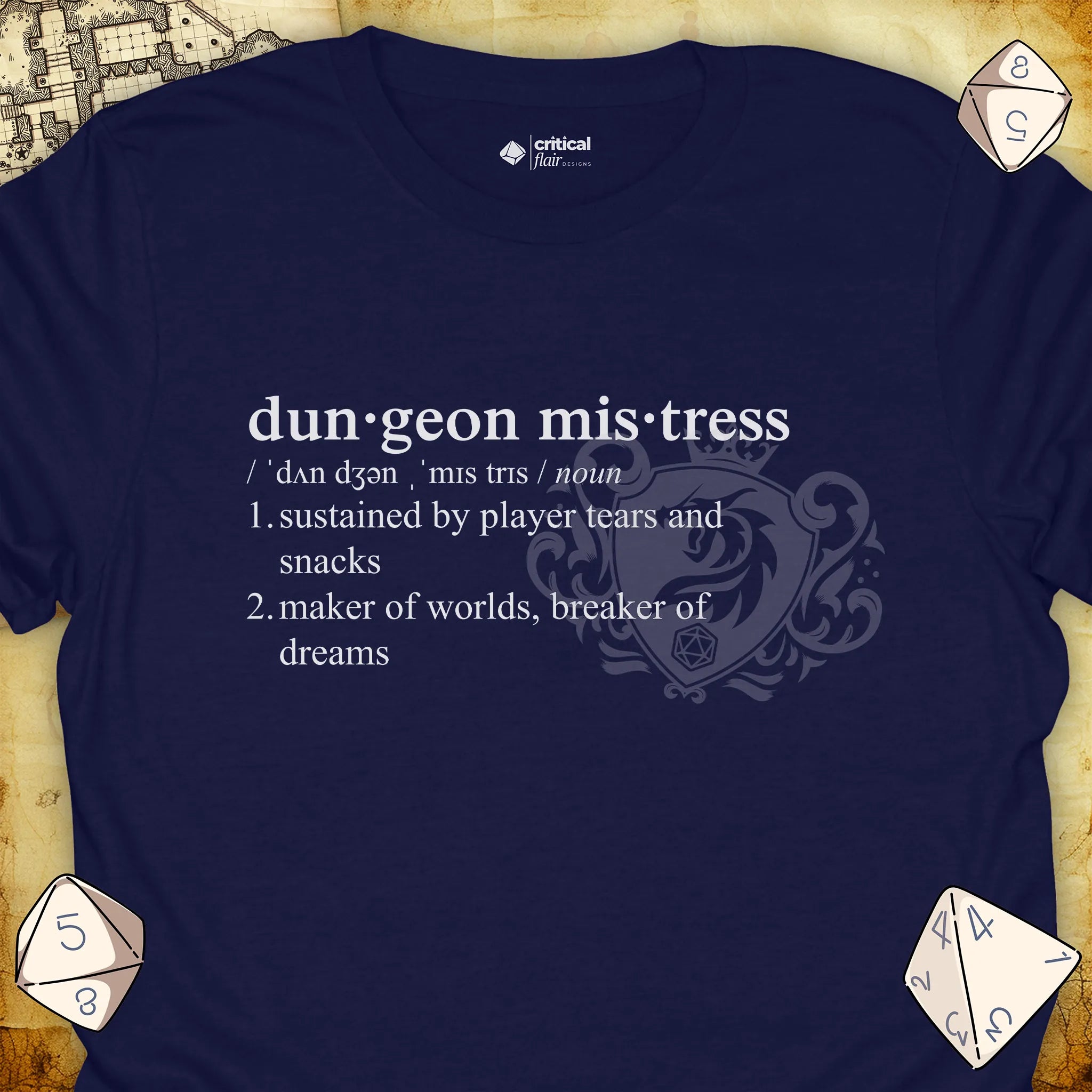 Critical Flair Dungeon Mistress Definition T-Shirt Navy / S - Dungeons and Dragons and tabletop RPG gaming apparel