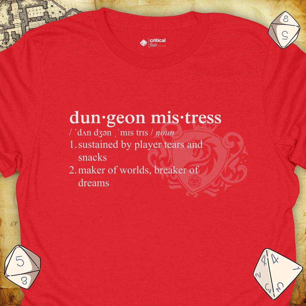 Critical Flair Dungeon Mistress Definition T-Shirt Red / S - Dungeons and Dragons and tabletop RPG gaming apparel