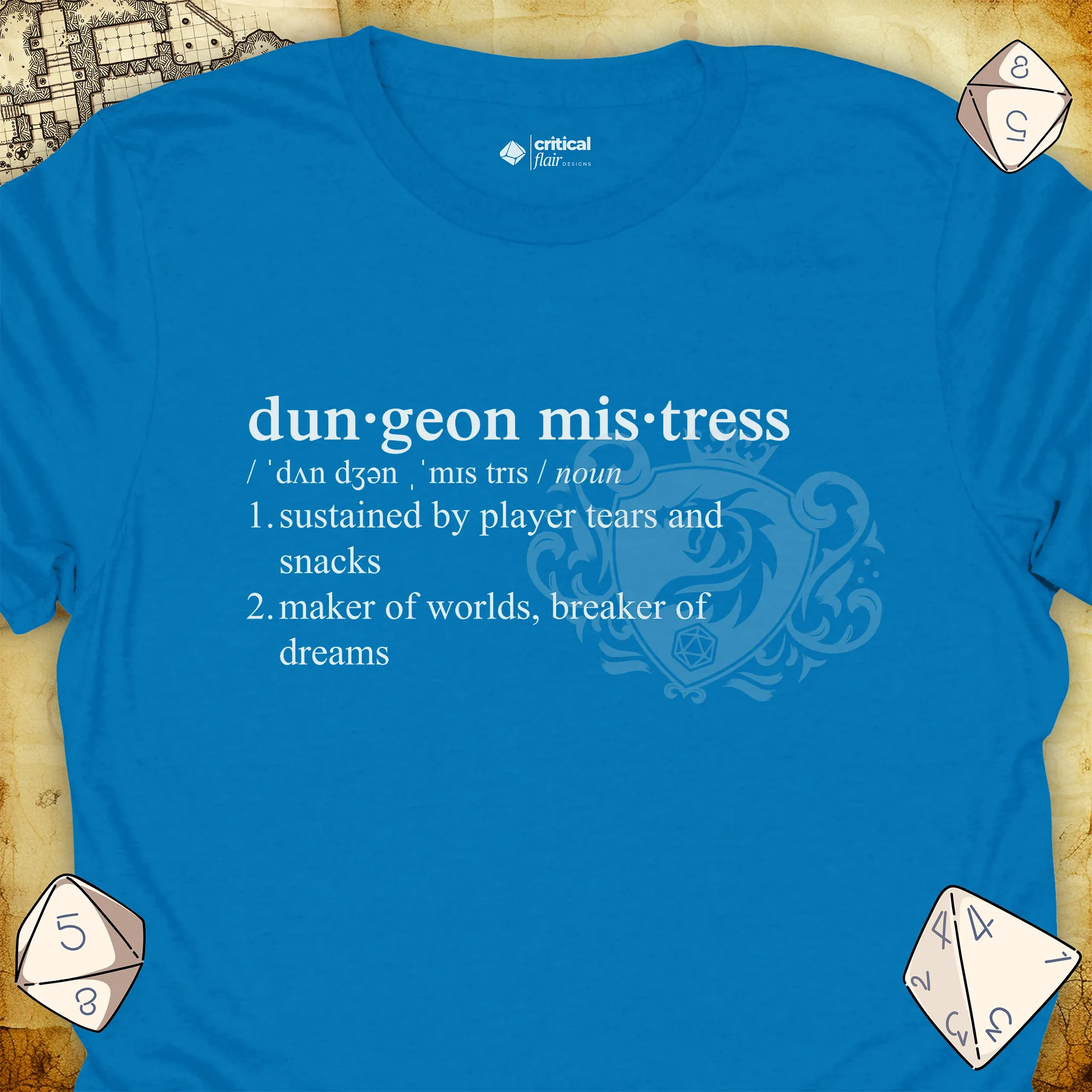 Critical Flair Dungeon Mistress Definition T-Shirt Sapphire / S - Dungeons and Dragons and tabletop RPG gaming apparel