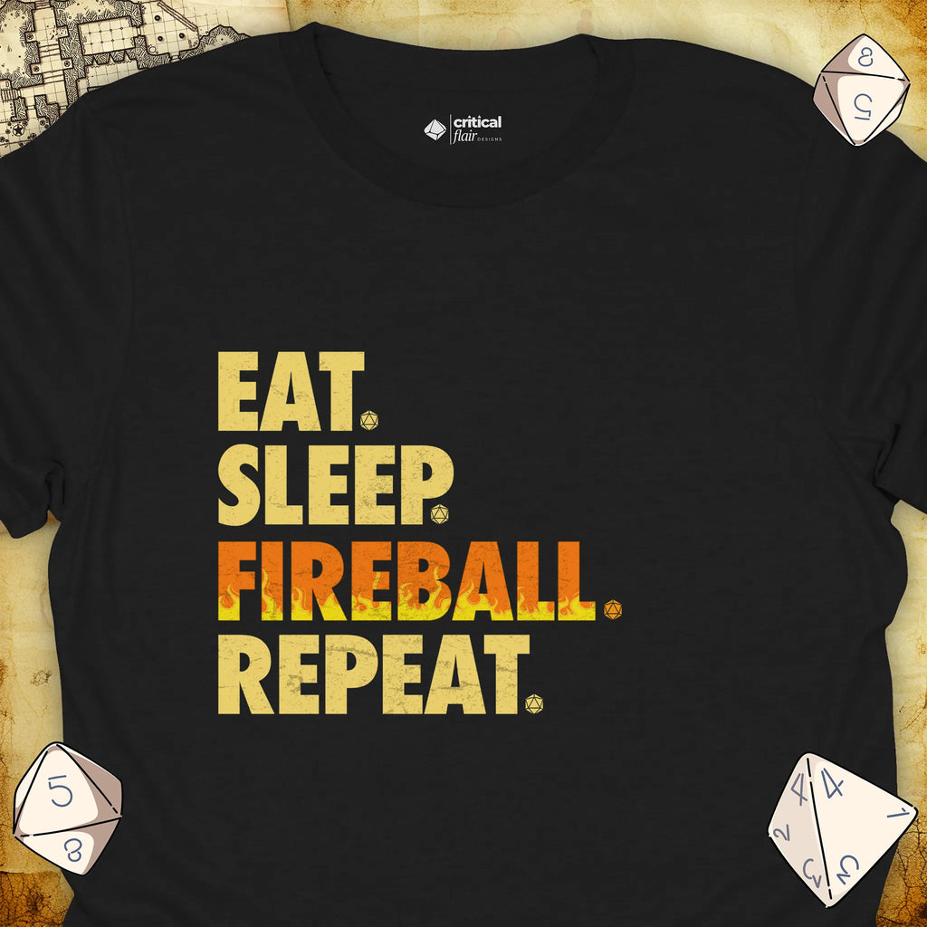 Critical Flair Eat. Sleep. Fireball. Repeat. T-Shirt Black / S - Dungeons and Dragons and tabletop RPG gaming apparel
