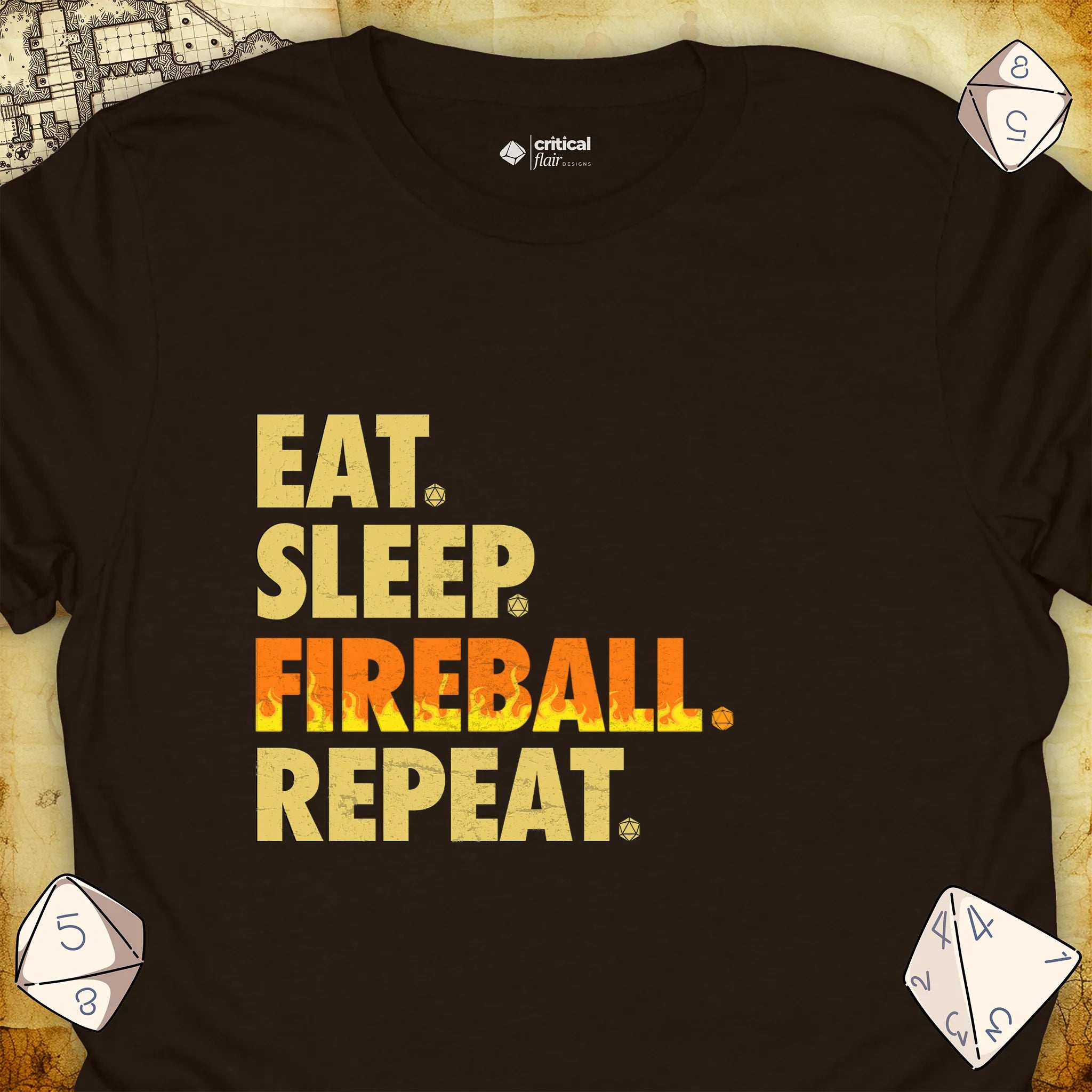 Critical Flair Eat. Sleep. Fireball. Repeat. T-Shirt Dark Chocolate / S - Dungeons and Dragons and tabletop RPG gaming apparel