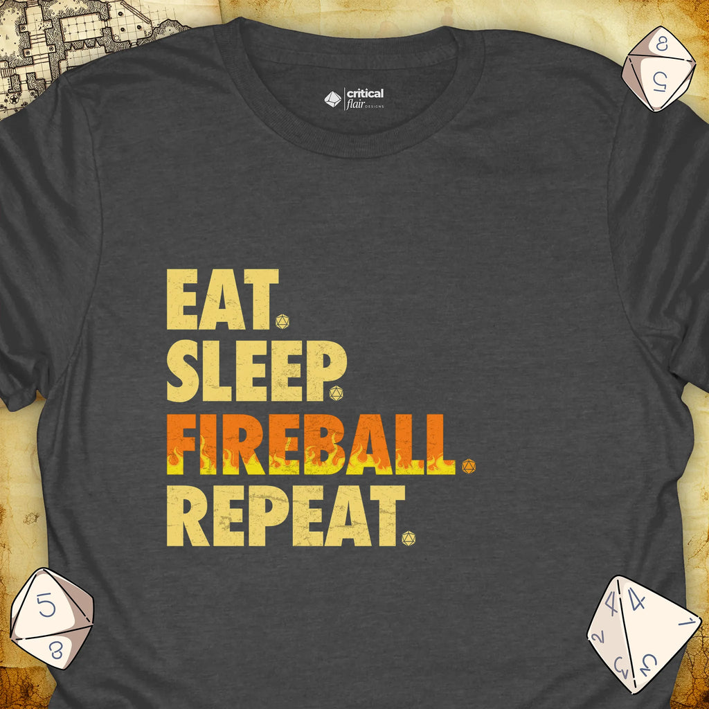 Critical Flair Eat. Sleep. Fireball. Repeat. T-Shirt Dark Heather / S - Dungeons and Dragons and tabletop RPG gaming apparel