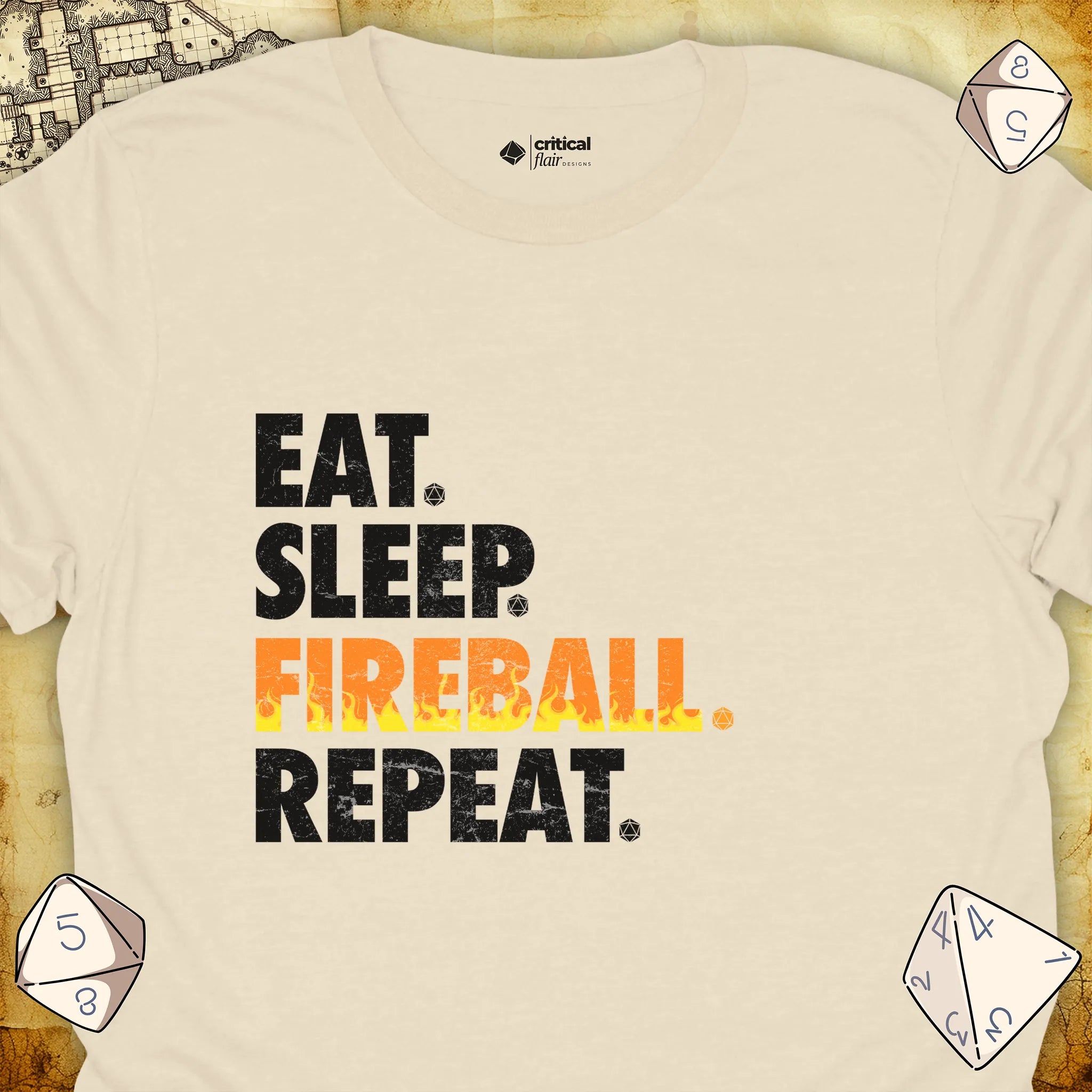 Critical Flair Eat. Sleep. Fireball. Repeat. T-Shirt Natural / S - Dungeons and Dragons and tabletop RPG gaming apparel