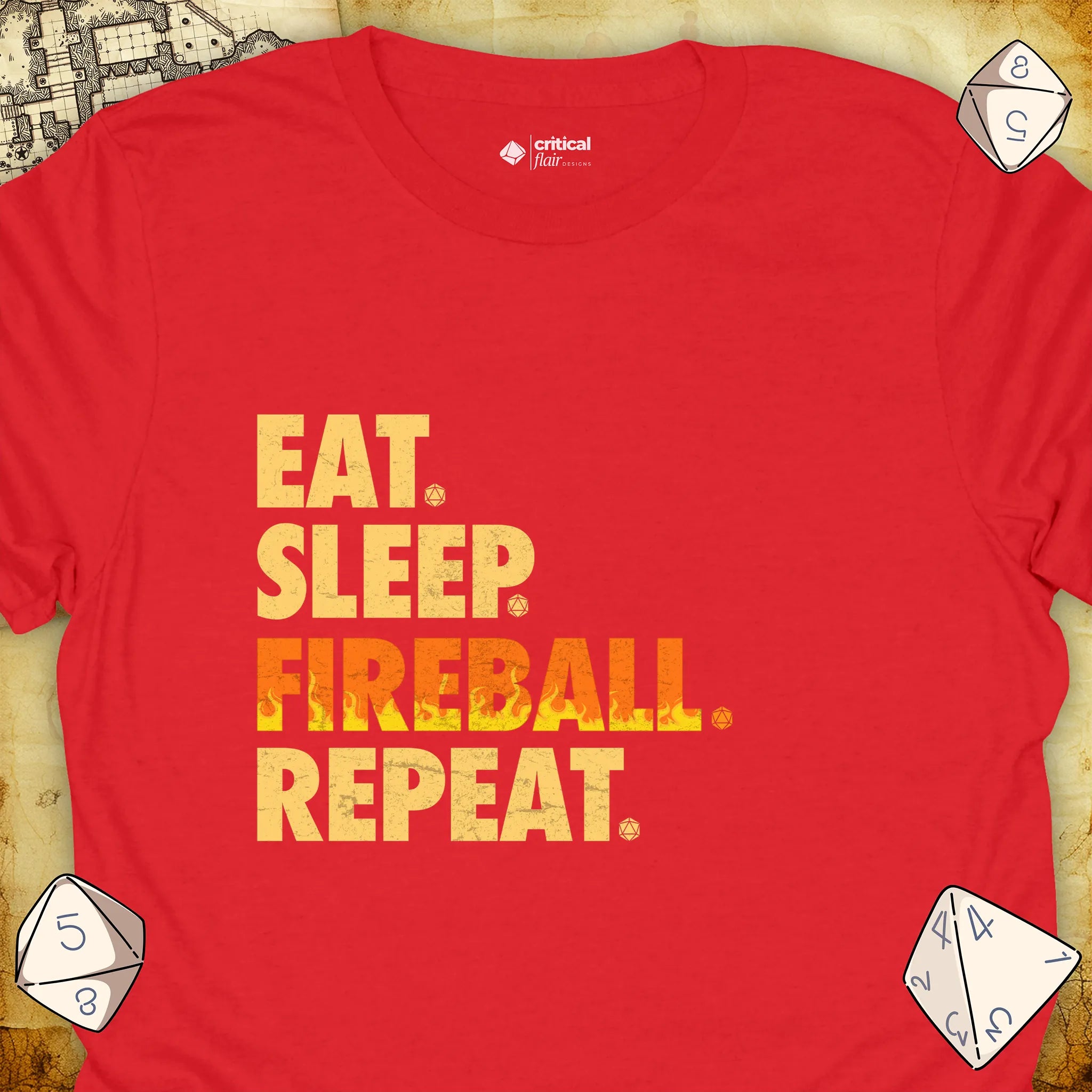 Critical Flair Eat. Sleep. Fireball. Repeat. T-Shirt Red / S - Dungeons and Dragons and tabletop RPG gaming apparel
