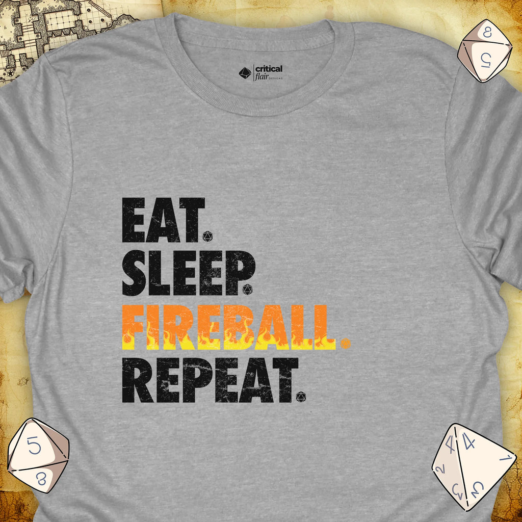Critical Flair Eat. Sleep. Fireball. Repeat. T-Shirt Sport Grey / S - Dungeons and Dragons and tabletop RPG gaming apparel