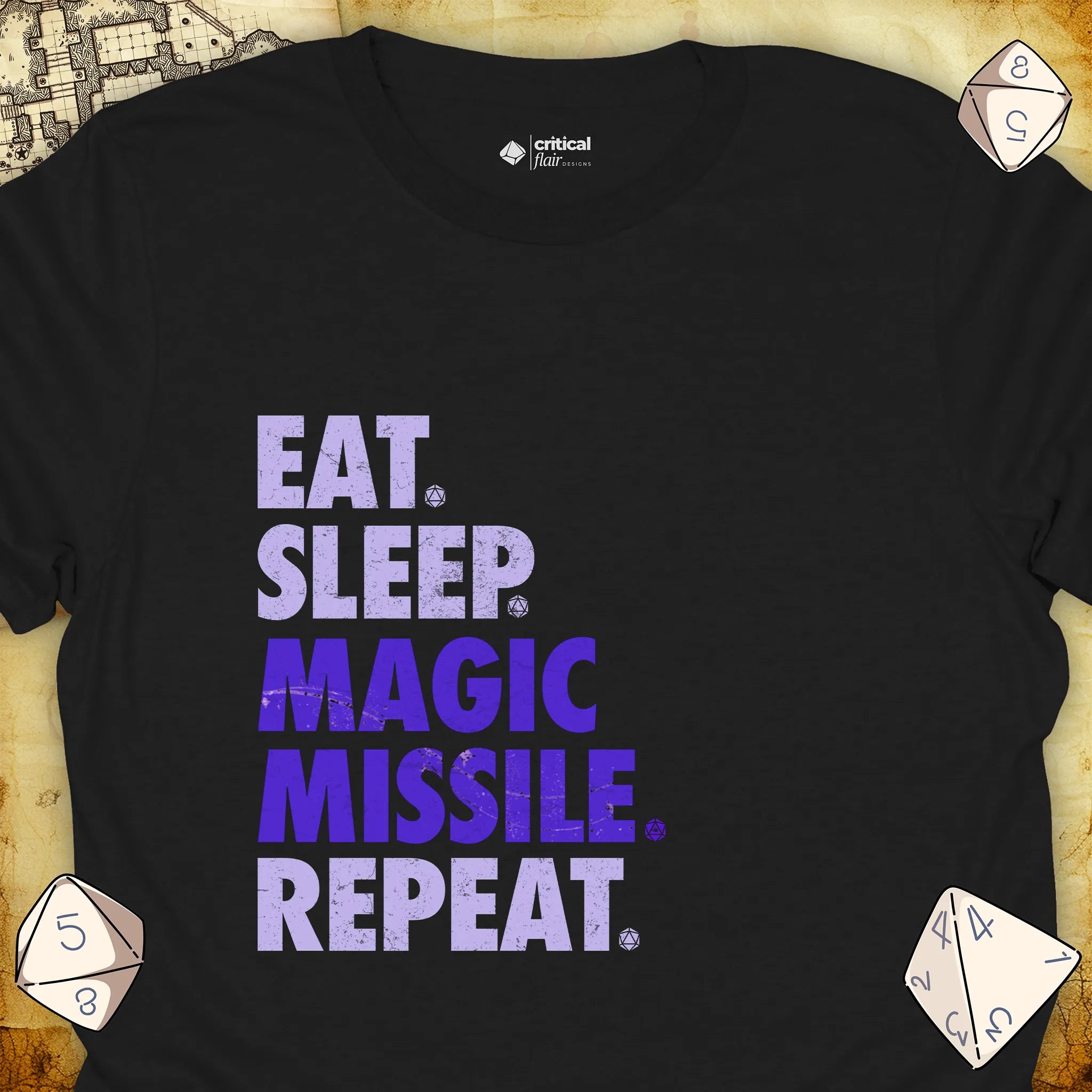 Critical Flair Eat. Sleep. Magic Missile. Repeat. T-Shirt Black / S - Dungeons and Dragons and tabletop RPG gaming apparel