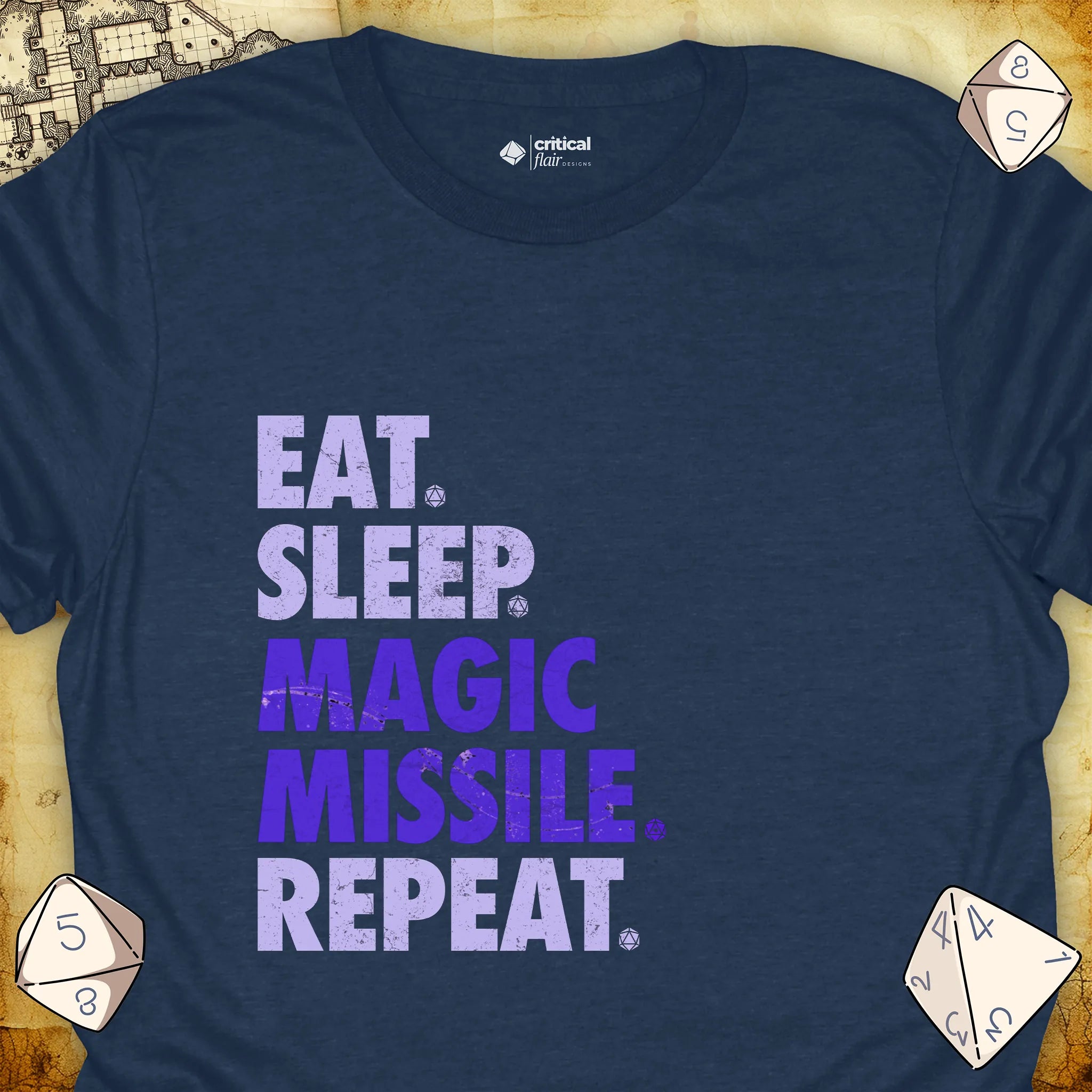 Critical Flair Eat. Sleep. Magic Missile. Repeat. T-Shirt Heather Navy / S - Dungeons and Dragons and tabletop RPG gaming apparel