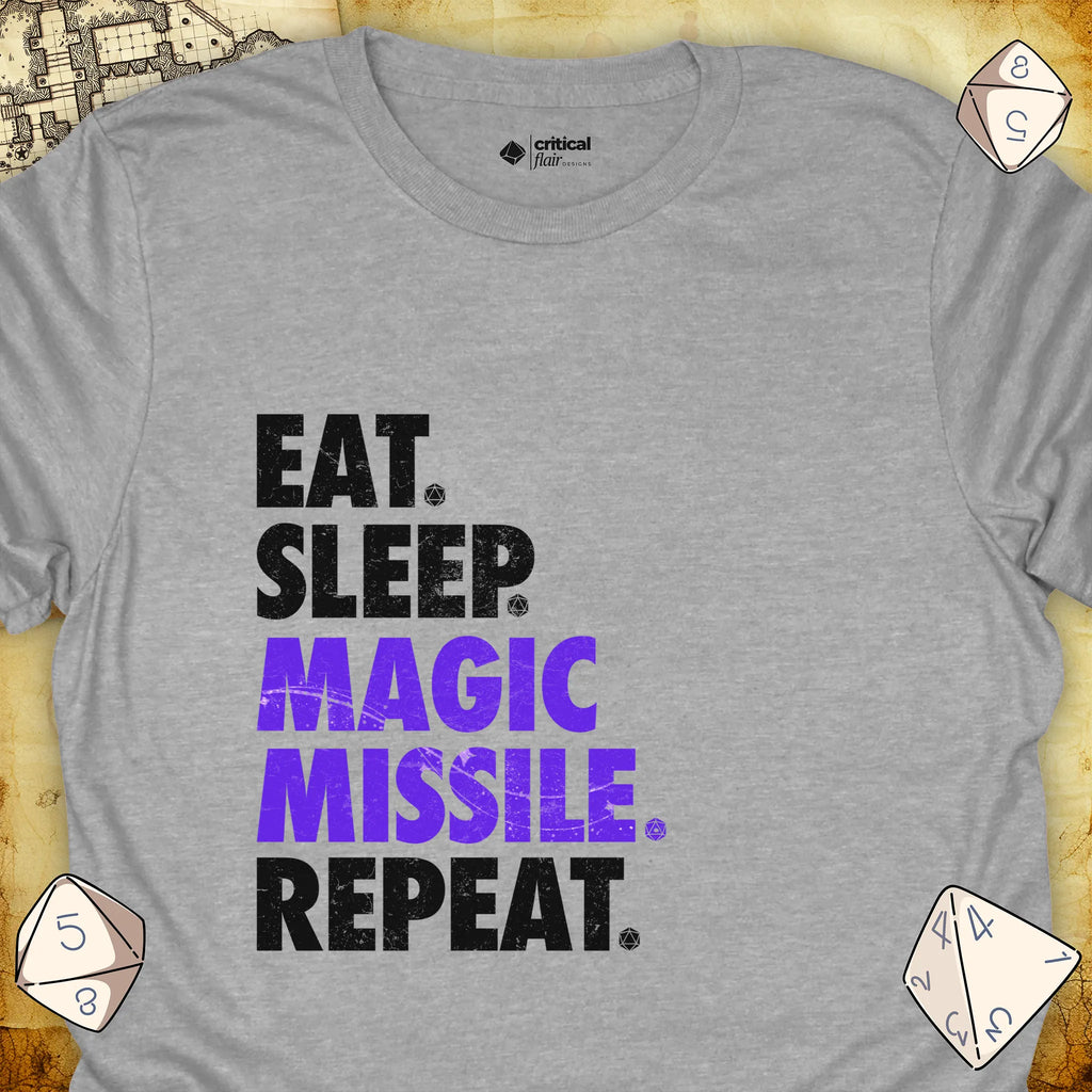 Critical Flair Eat. Sleep. Magic Missile. Repeat. T-Shirt Sport Grey / S - Dungeons and Dragons and tabletop RPG gaming apparel