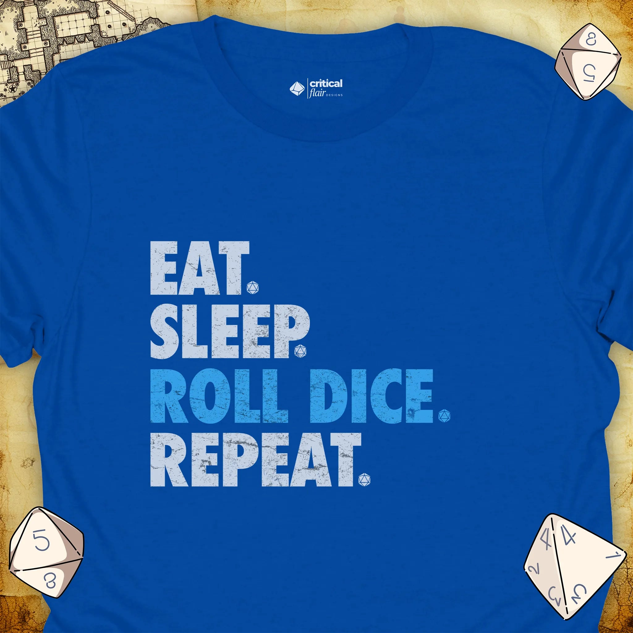 Critical Flair Eat. Sleep. Roll Dice. Repeat. T-Shirt Royal / S - Dungeons and Dragons and tabletop RPG gaming apparel