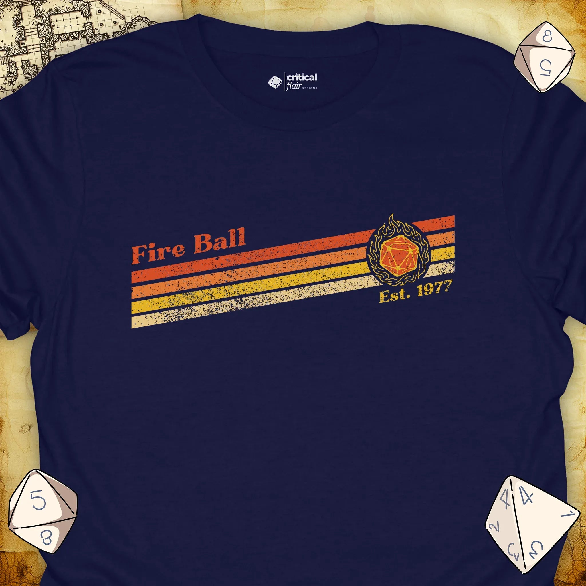 Critical Flair Fire Ball Est. 1977 T-Shirt Navy / S - Dungeons and Dragons and tabletop RPG gaming apparel