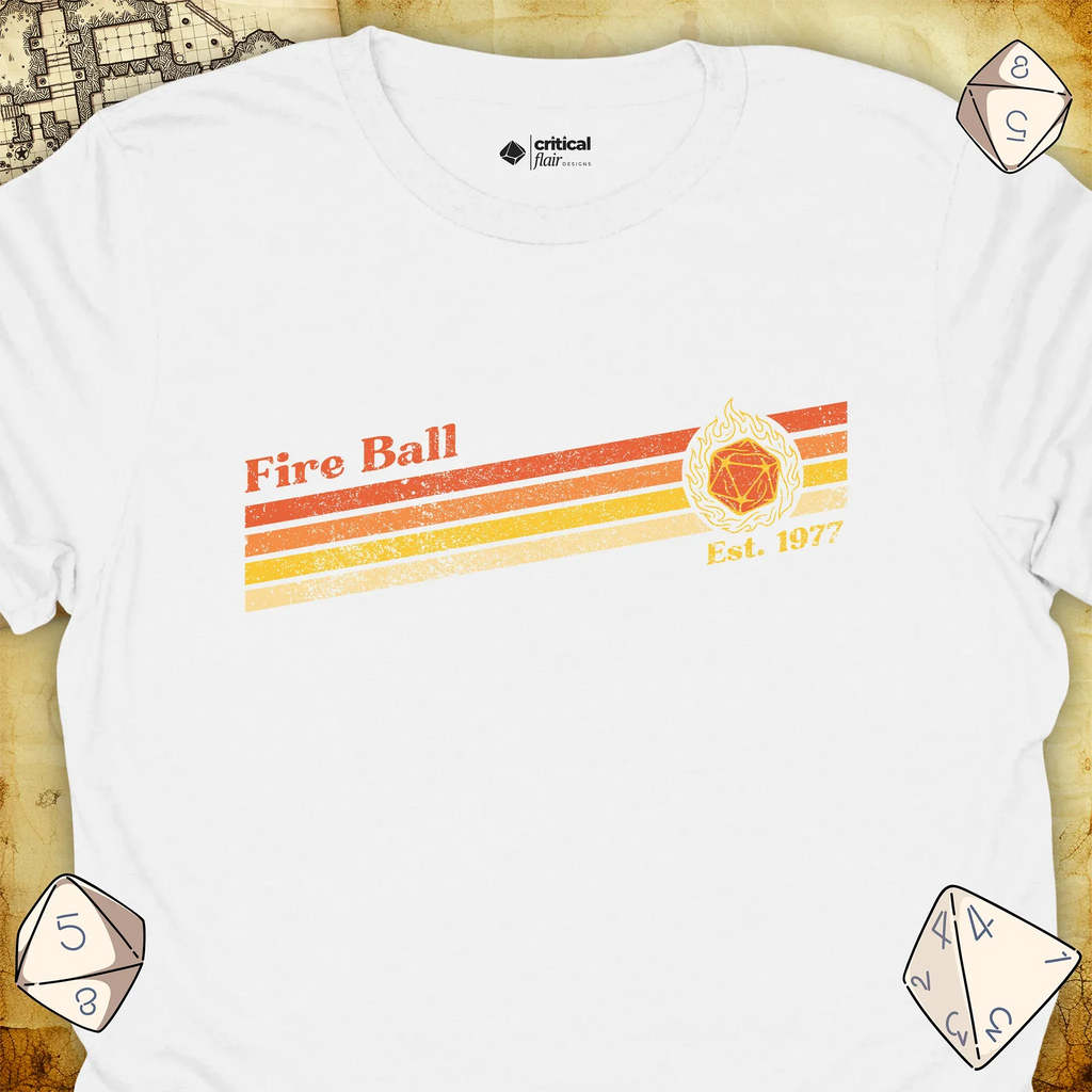 Critical Flair Fire Ball Est. 1977 T-Shirt White / S - Dungeons and Dragons and tabletop RPG gaming apparel
