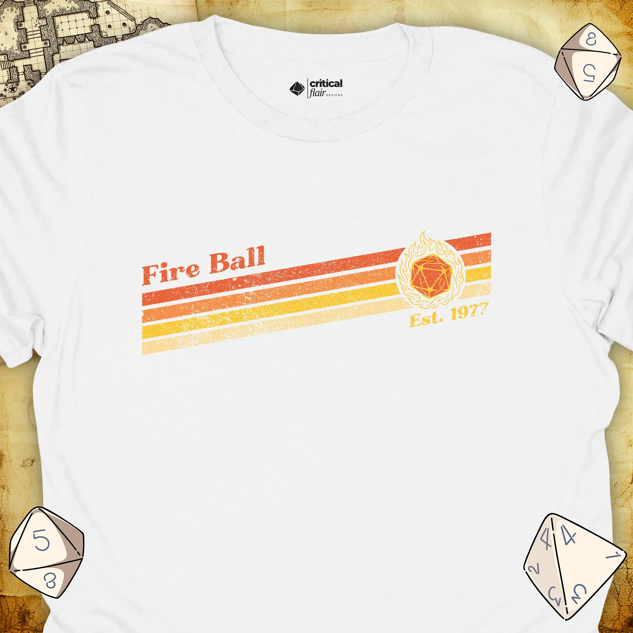 Critical Flair Fire Ball Est. 1977 T-Shirt White / S - Dungeons and Dragons and tabletop RPG gaming apparel