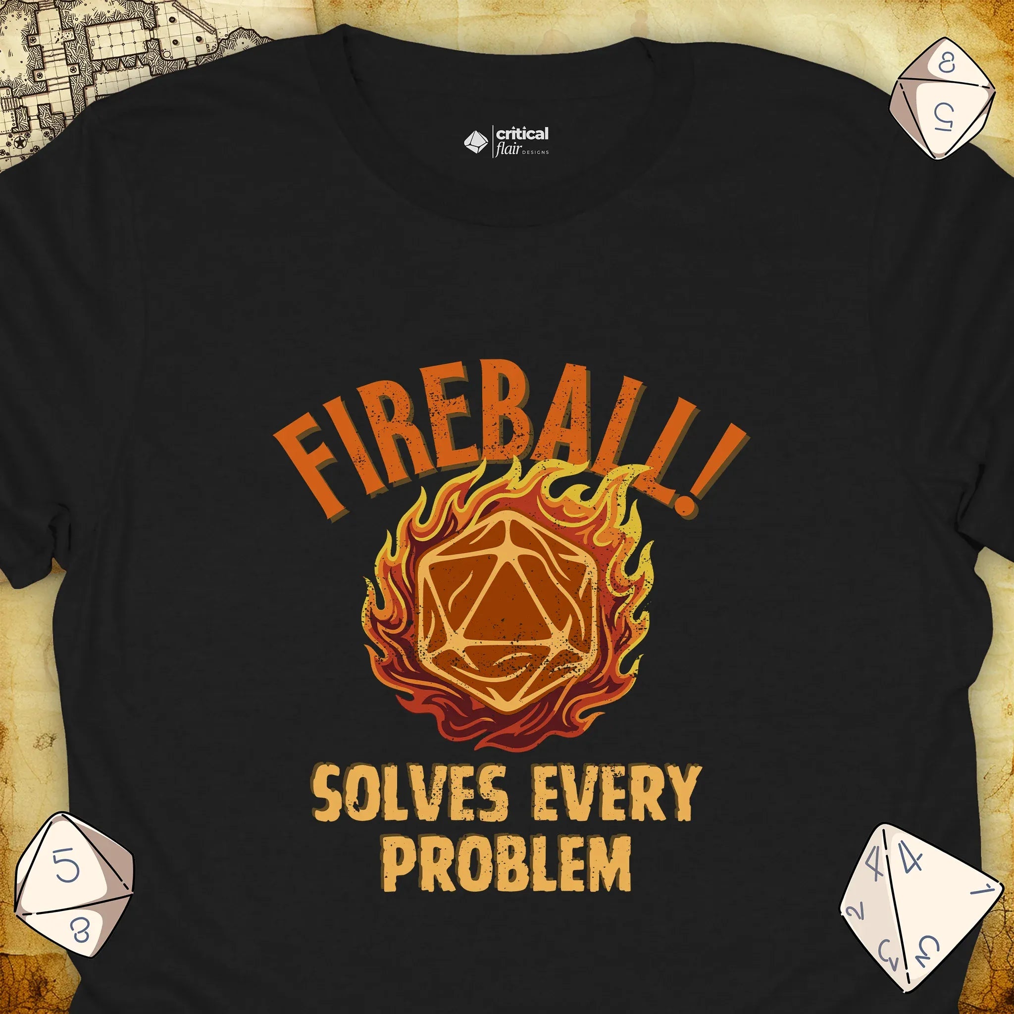 Critical Flair Fireball Solves Every Problem T-Shirt Black / S - Dungeons and Dragons and tabletop RPG gaming apparel