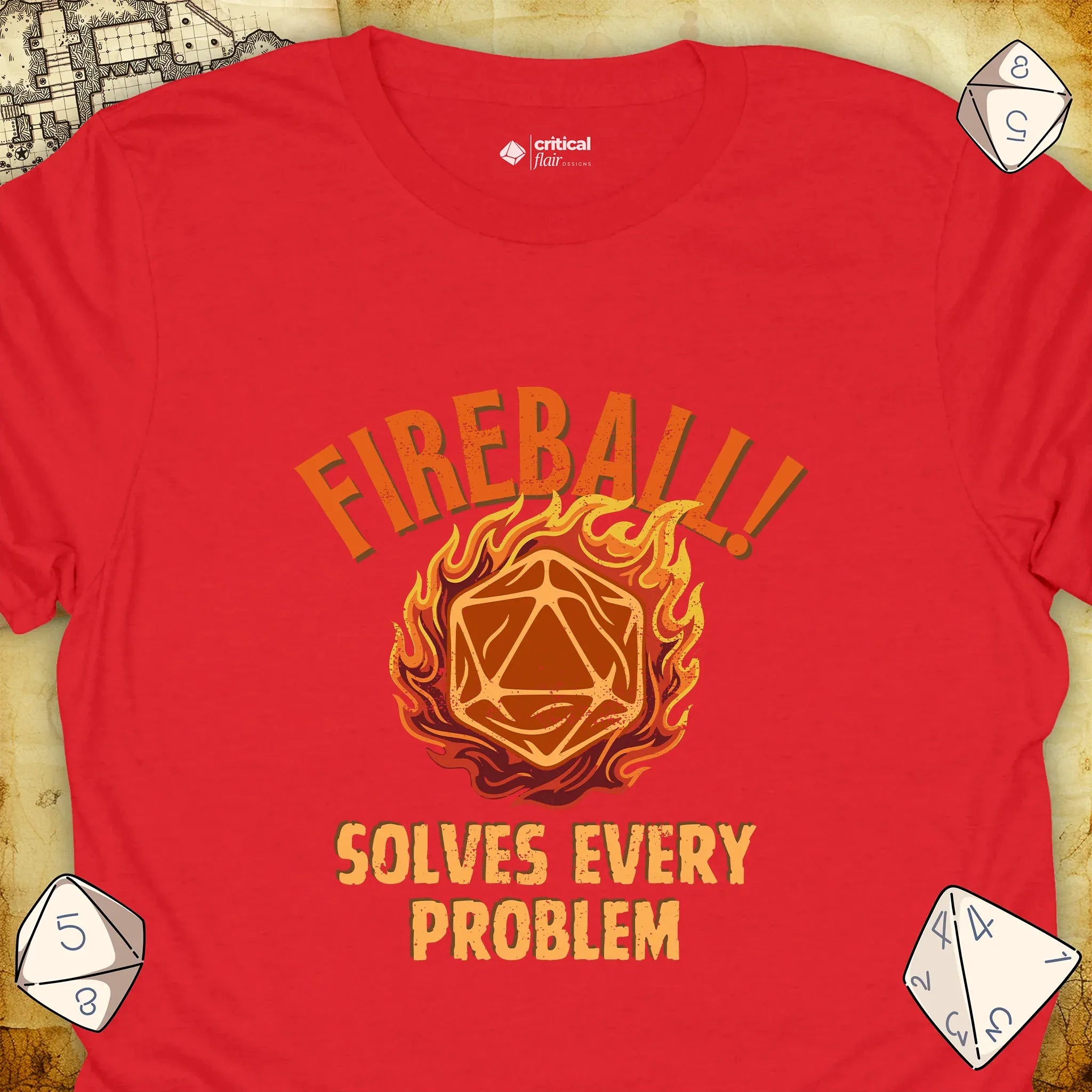 Critical Flair Fireball Solves Every Problem T-Shirt Red / S - Dungeons and Dragons and tabletop RPG gaming apparel