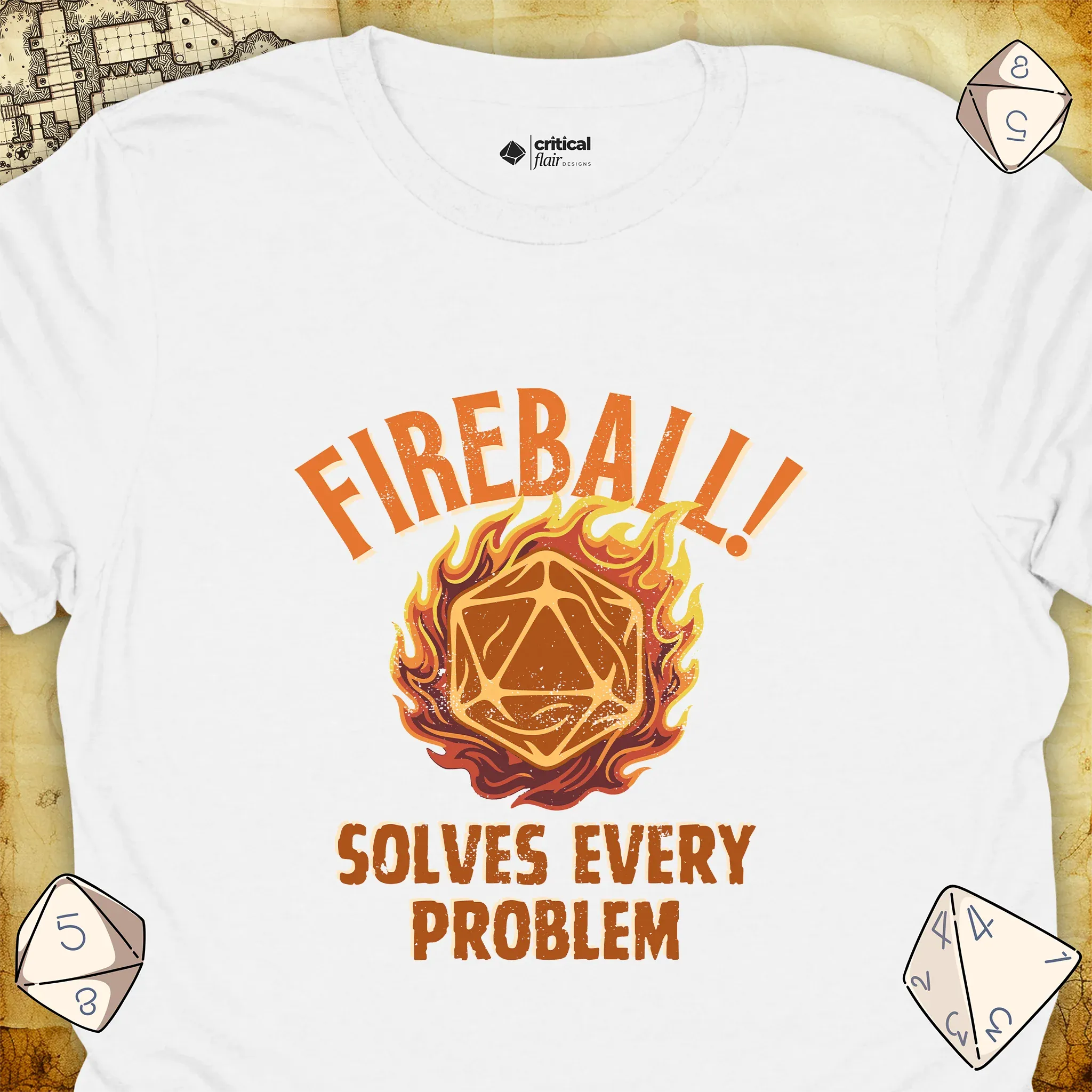 Critical Flair Fireball Solves Every Problem T-Shirt White / S - Dungeons and Dragons and tabletop RPG gaming apparel