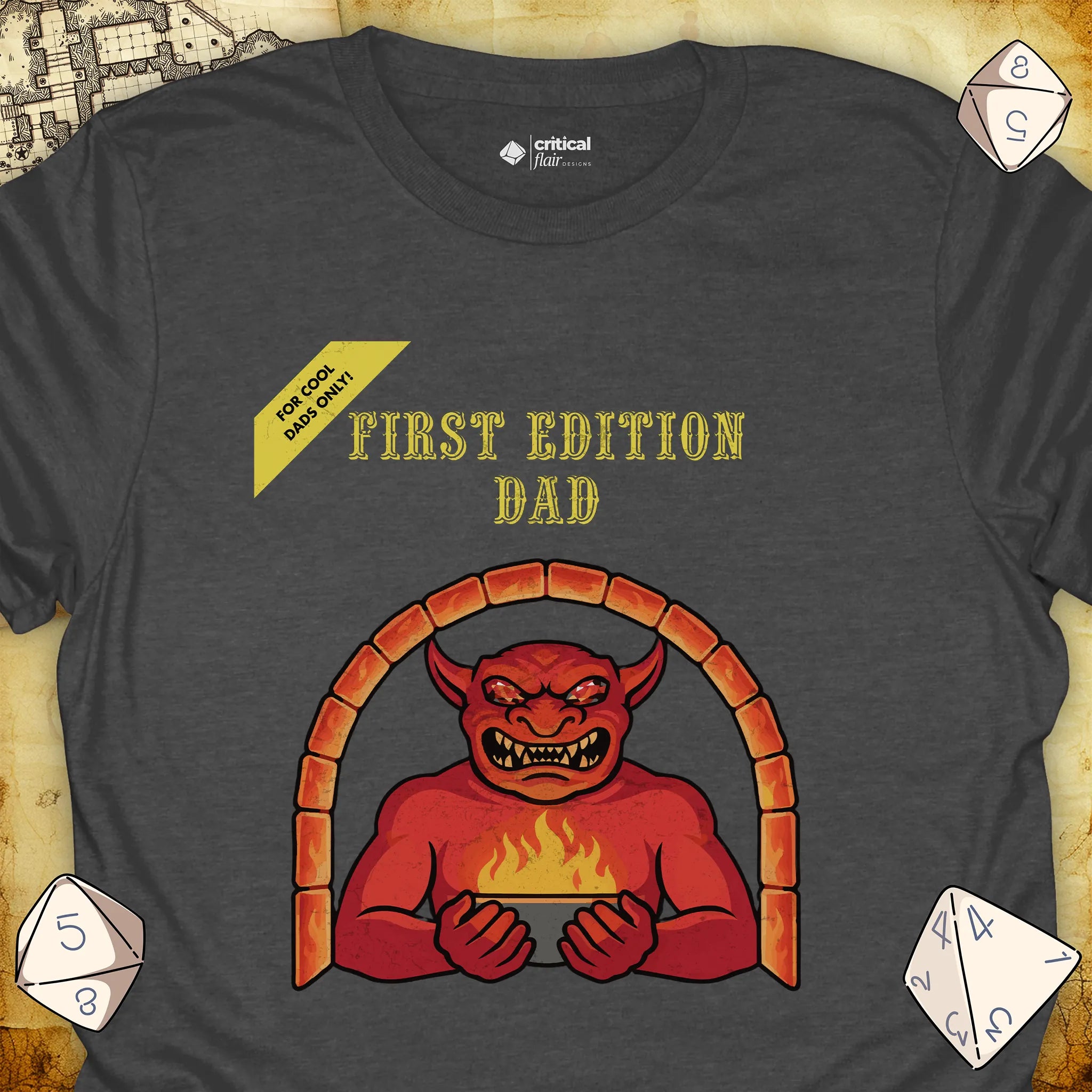 Critical Flair First Edition Dad T-Shirt Dark Heather / S - Dungeons and Dragons and tabletop RPG gaming apparel