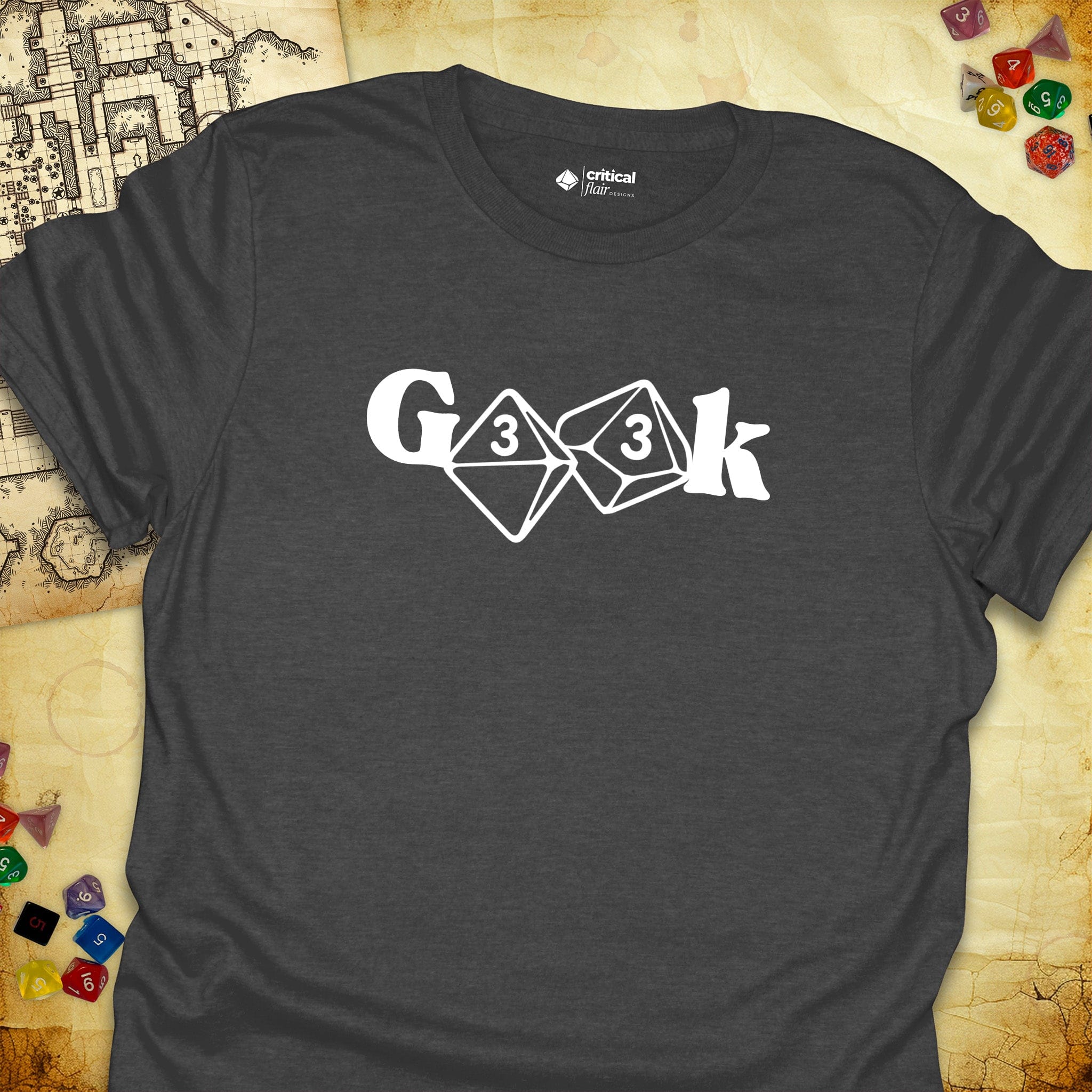 Critical Flair G33k T-Shirt Dark Heather / S - Dungeons and Dragons and tabletop RPG gaming apparel