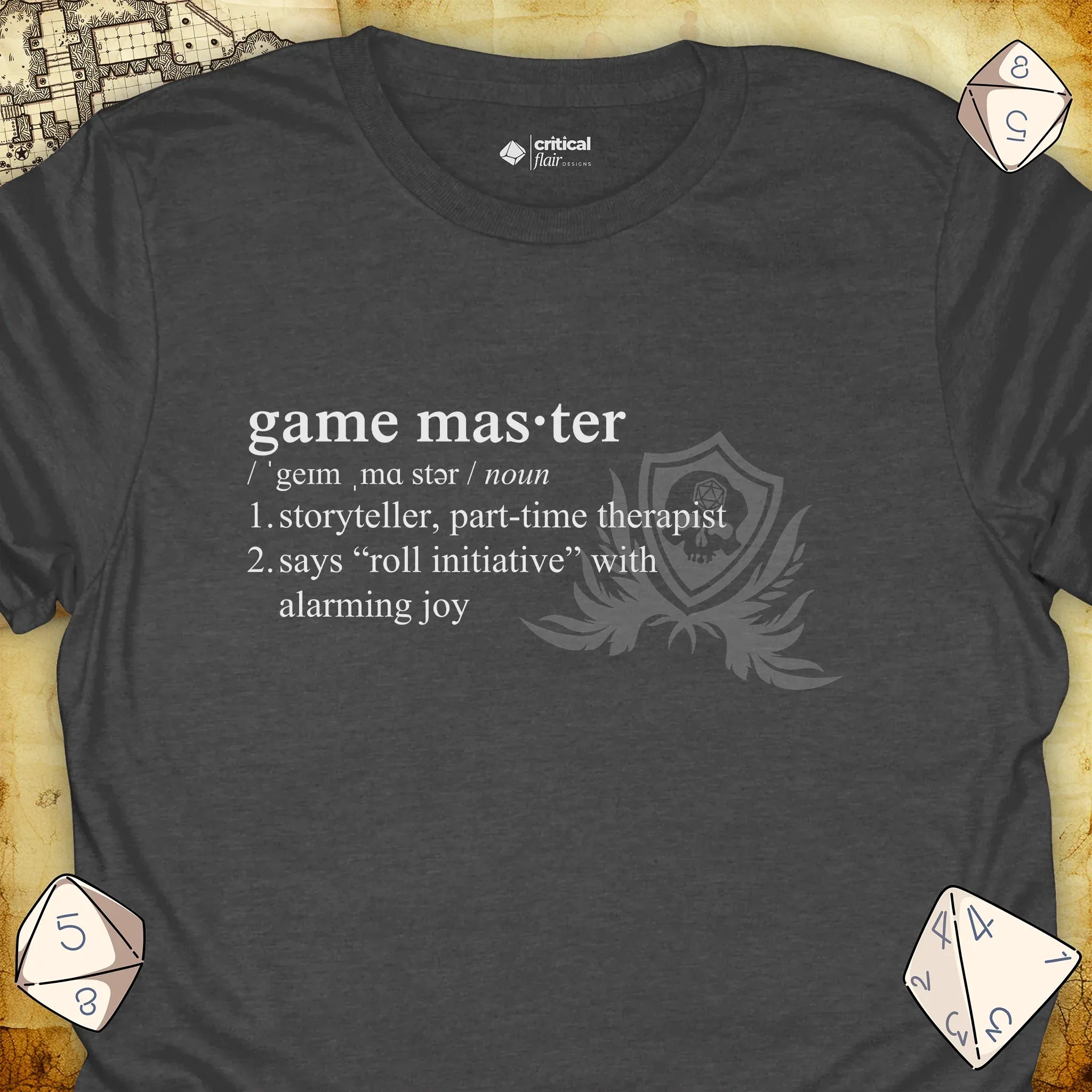 Critical Flair Game Master Definition T-Shirt Dark Heather / S - Dungeons and Dragons and tabletop RPG gaming apparel