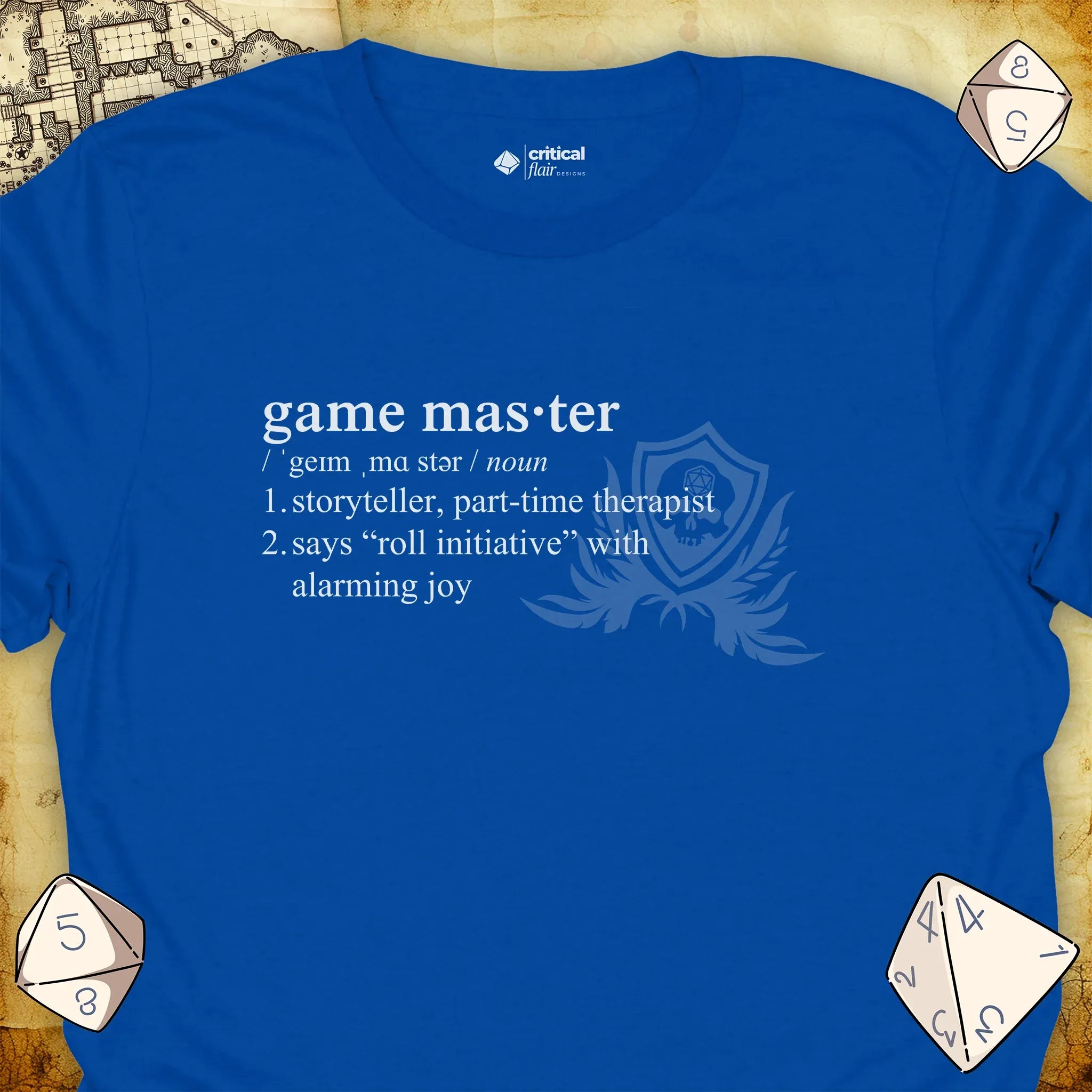 Critical Flair Game Master Definition T-Shirt Royal / S - Dungeons and Dragons and tabletop RPG gaming apparel