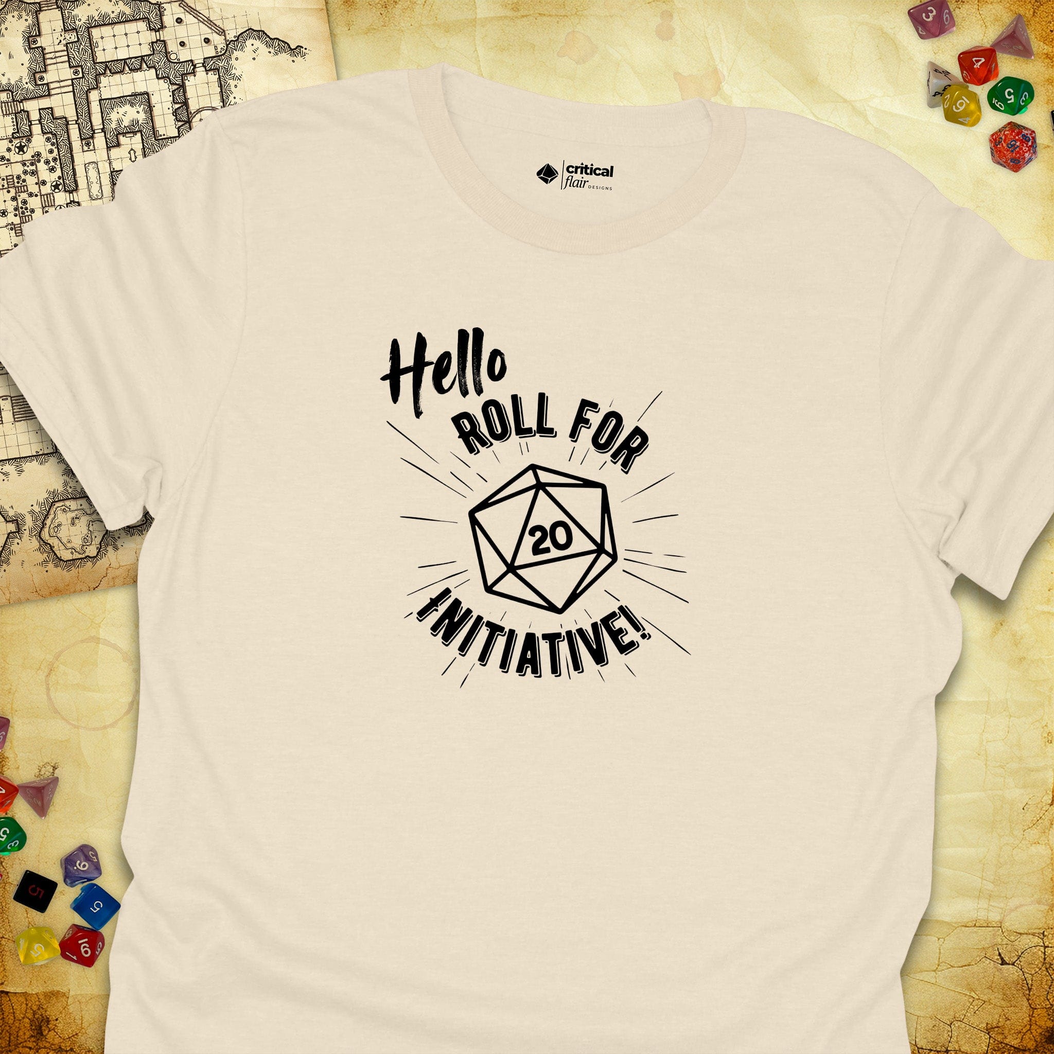 Critical Flair Hello. Roll for Initiative! T-Shirt Natural / S - Dungeons and Dragons and tabletop RPG gaming apparel