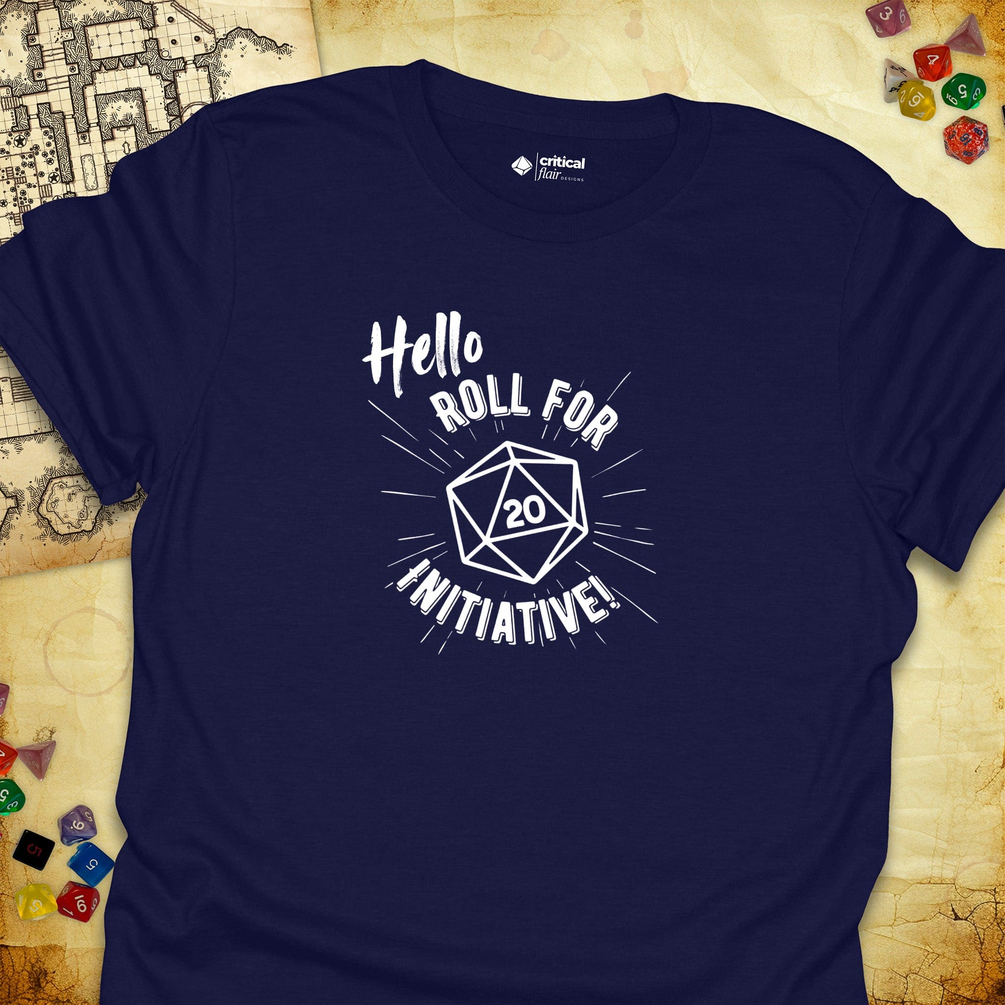 Critical Flair Hello. Roll for Initiative! T-Shirt Navy / S - Dungeons and Dragons and tabletop RPG gaming apparel