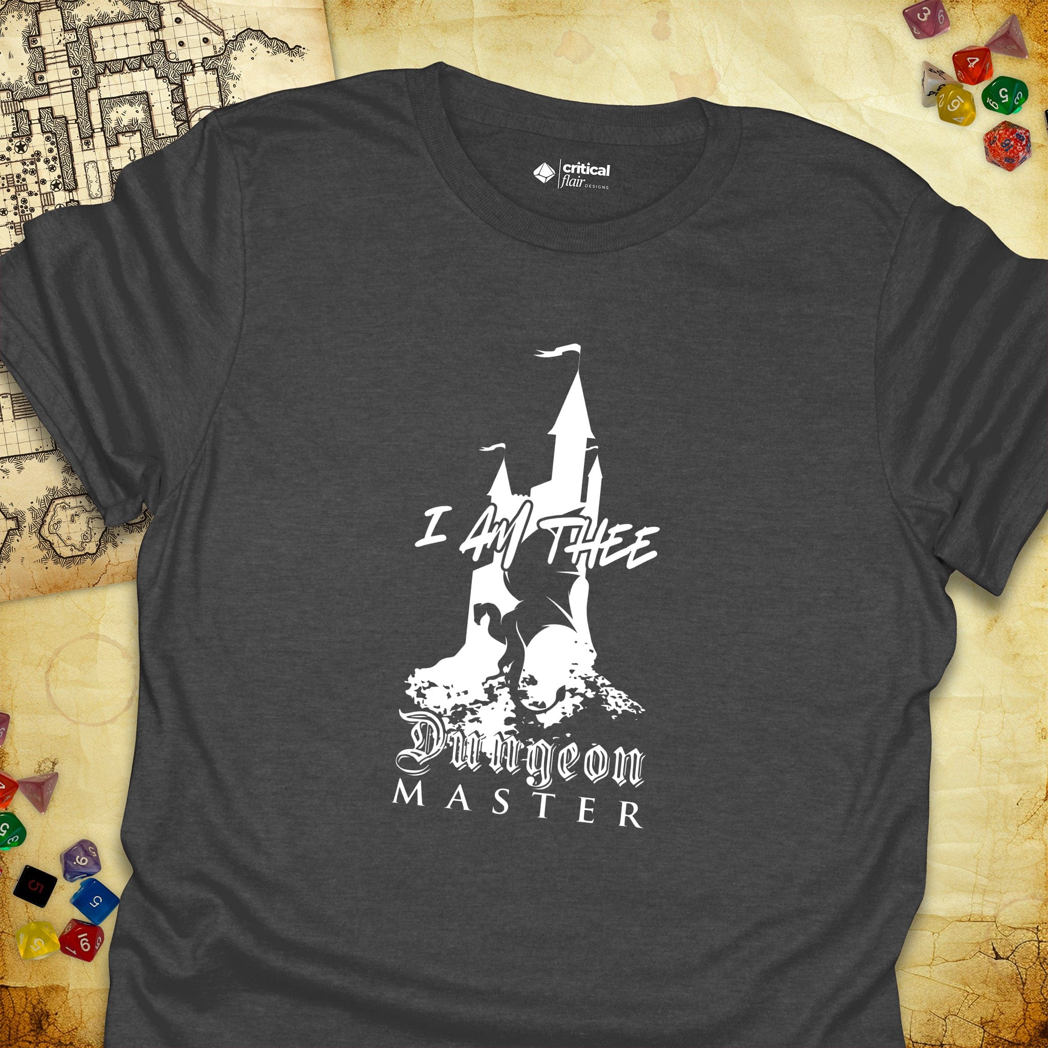 Critical Flair I Am Thee DM - Castle T-Shirt Dark Heather / S - Dungeons and Dragons and tabletop RPG gaming apparel
