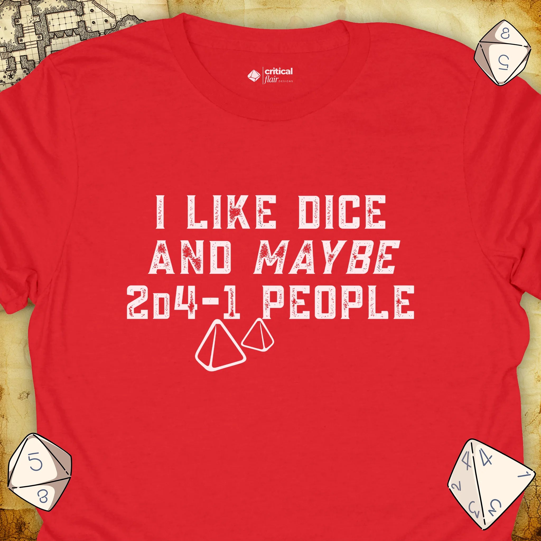 Critical Flair I Like Dice and Maybe 2D4-1 People (New) T-Shirt Red / S - Dungeons and Dragons and tabletop RPG gaming apparel