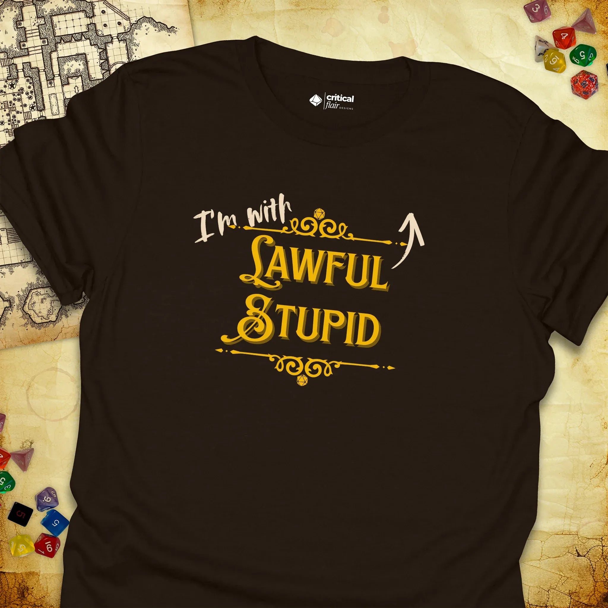Critical Flair I'm With Lawful Stupid T-Shirt Dark Chocolate / S - Dungeons and Dragons and tabletop RPG gaming apparel