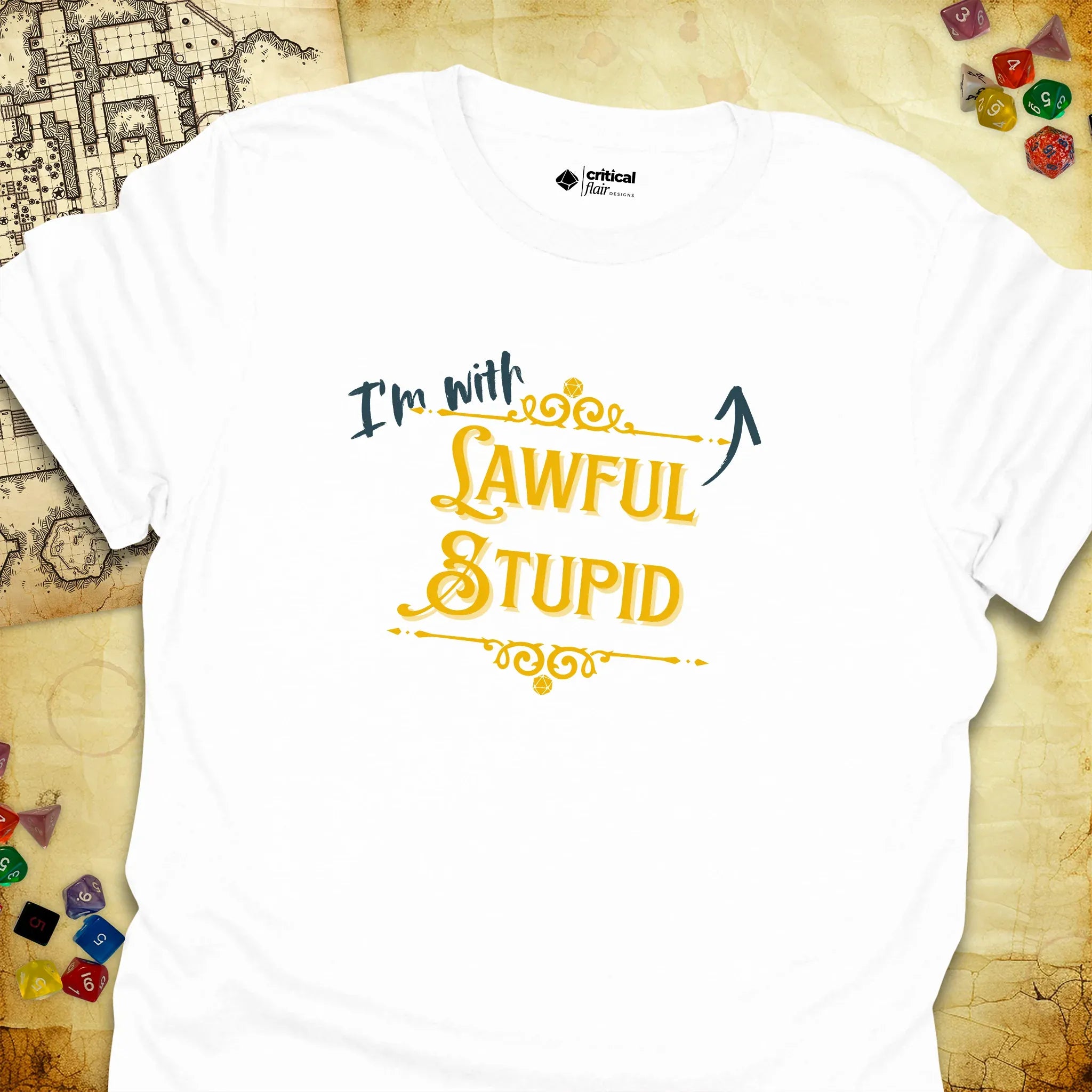 Critical Flair I'm With Lawful Stupid T-Shirt White / S - Dungeons and Dragons and tabletop RPG gaming apparel