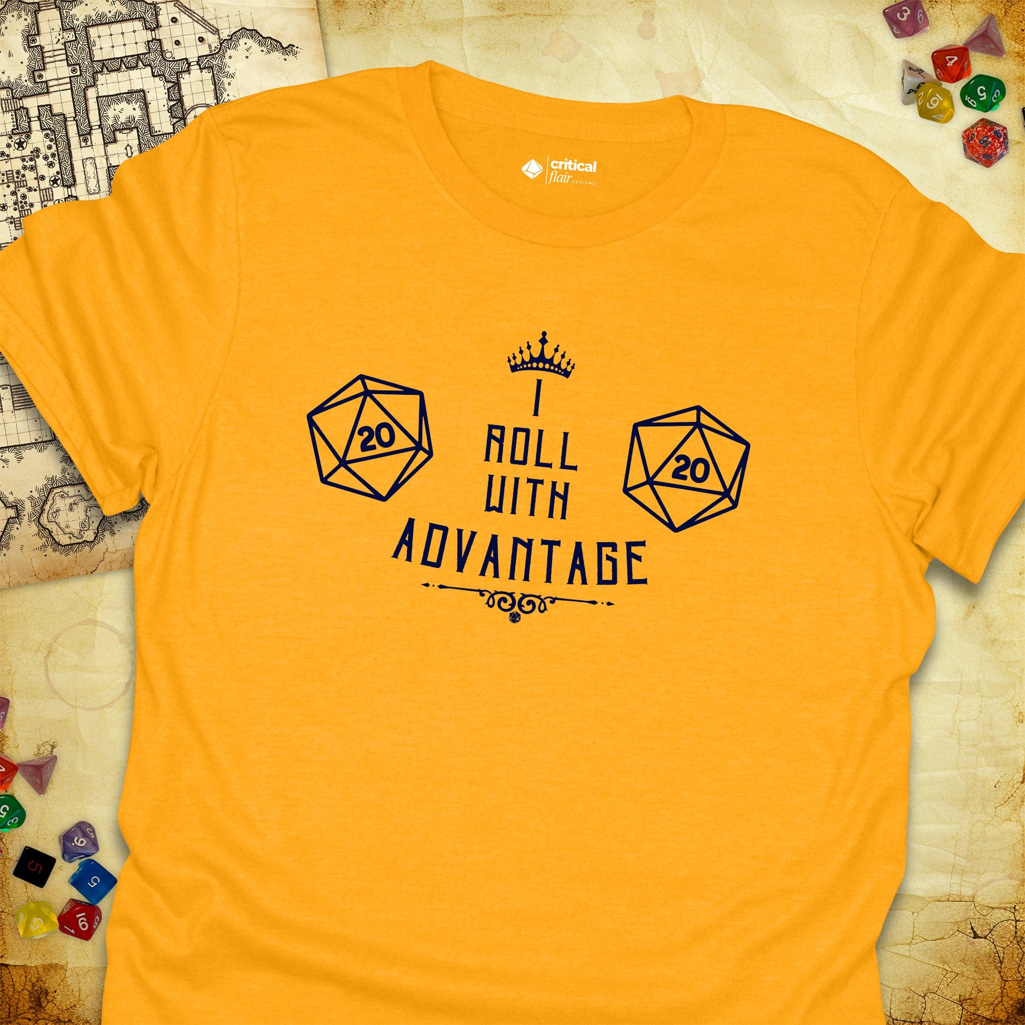 Critical Flair I Roll With Advantage T-Shirt Gold / S - Dungeons and Dragons and tabletop RPG gaming apparel