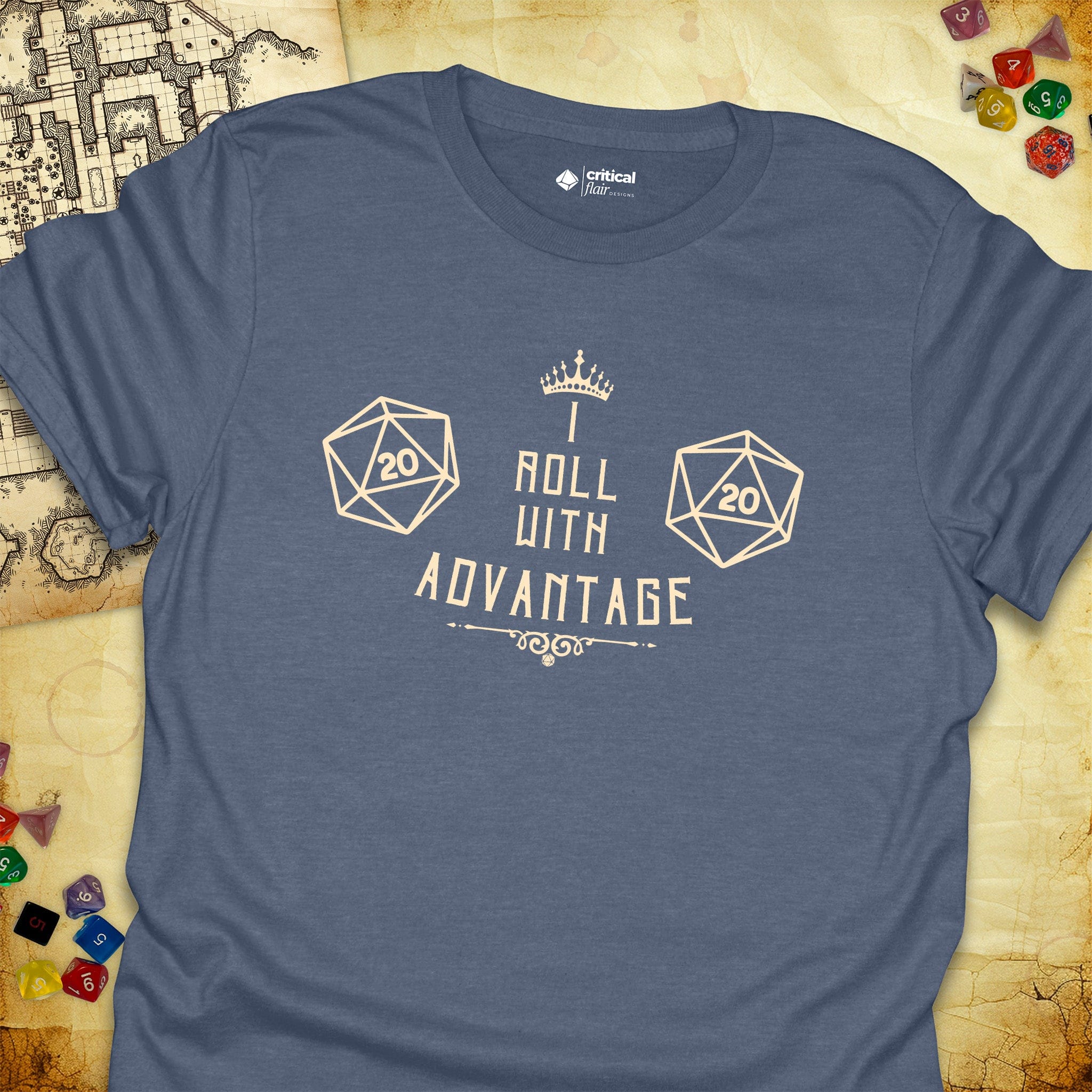 Critical Flair I Roll With Advantage T-Shirt Heather Indigo / S - Dungeons and Dragons and tabletop RPG gaming apparel