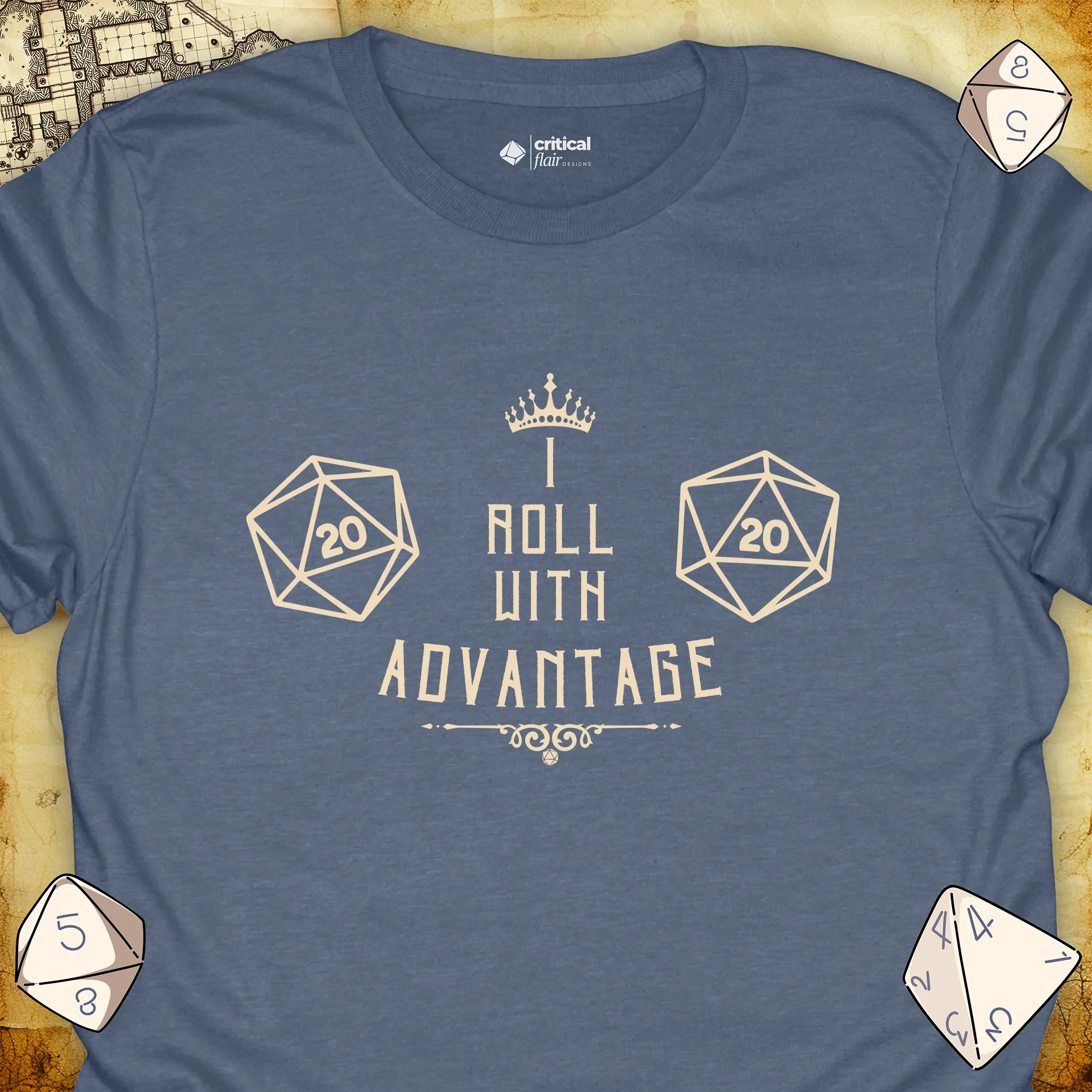 Critical Flair I Roll With Advantage T-Shirt Heather Indigo / S - Dungeons and Dragons and tabletop RPG gaming apparel