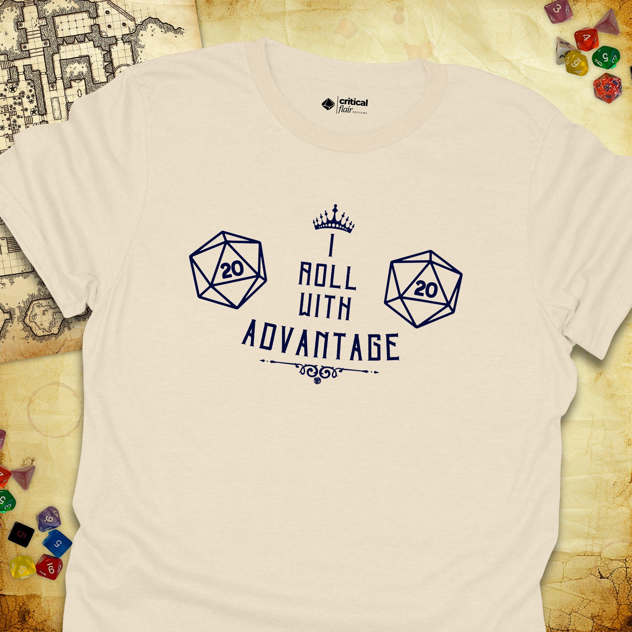 Critical Flair I Roll With Advantage T-Shirt Natural / S - Dungeons and Dragons and tabletop RPG gaming apparel