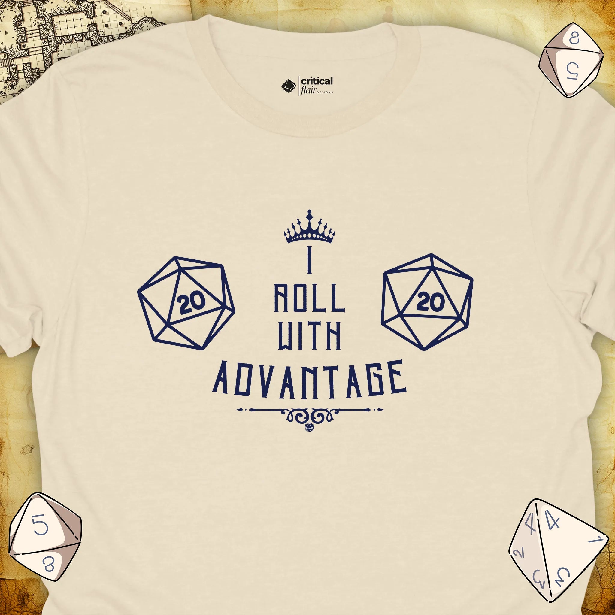 Critical Flair I Roll With Advantage T-Shirt Natural / S - Dungeons and Dragons and tabletop RPG gaming apparel