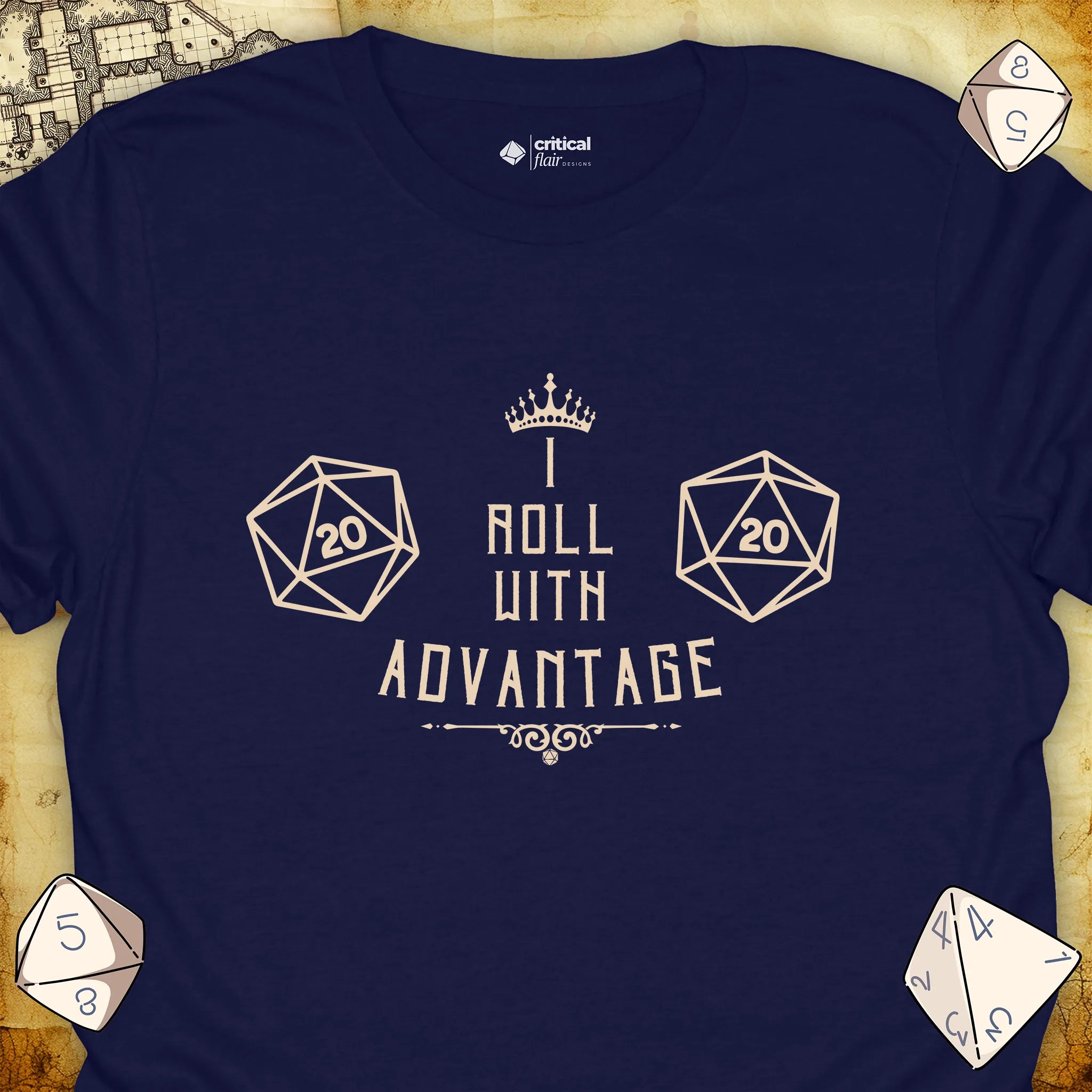 Critical Flair I Roll With Advantage T-Shirt Navy / S - Dungeons and Dragons and tabletop RPG gaming apparel