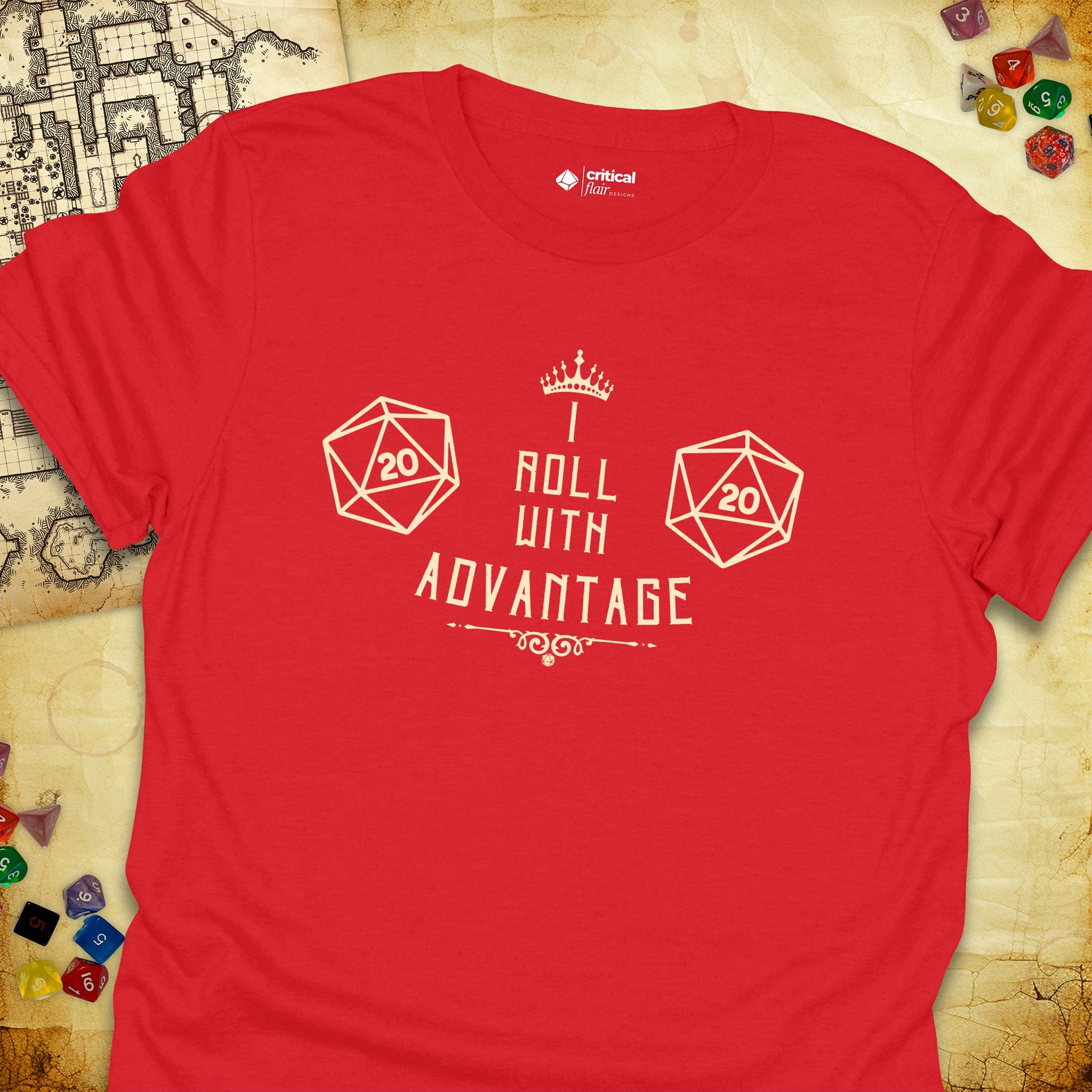 Critical Flair I Roll With Advantage T-Shirt Red / S - Dungeons and Dragons and tabletop RPG gaming apparel