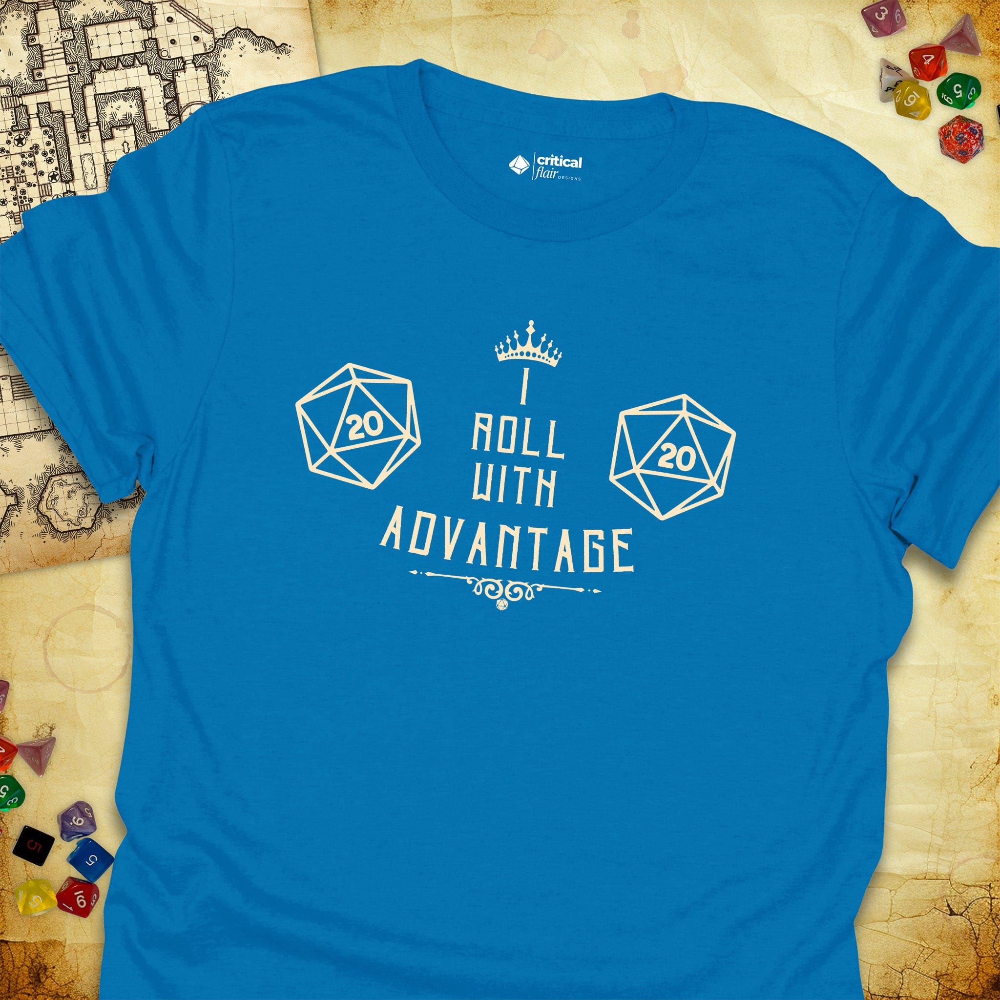 Critical Flair I Roll With Advantage T-Shirt Sapphire / S - Dungeons and Dragons and tabletop RPG gaming apparel