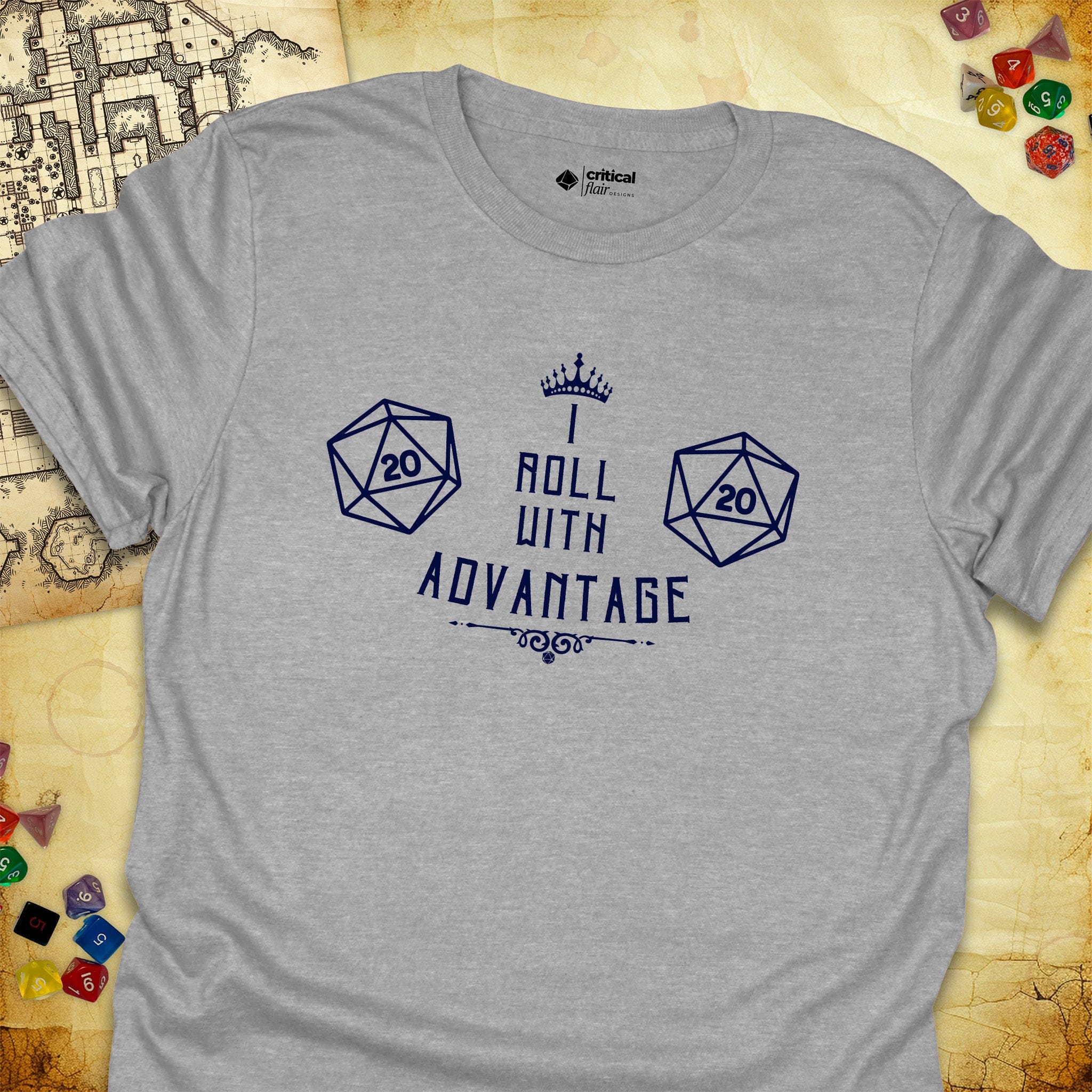 Critical Flair I Roll With Advantage T-Shirt Sport Grey / S - Dungeons and Dragons and tabletop RPG gaming apparel