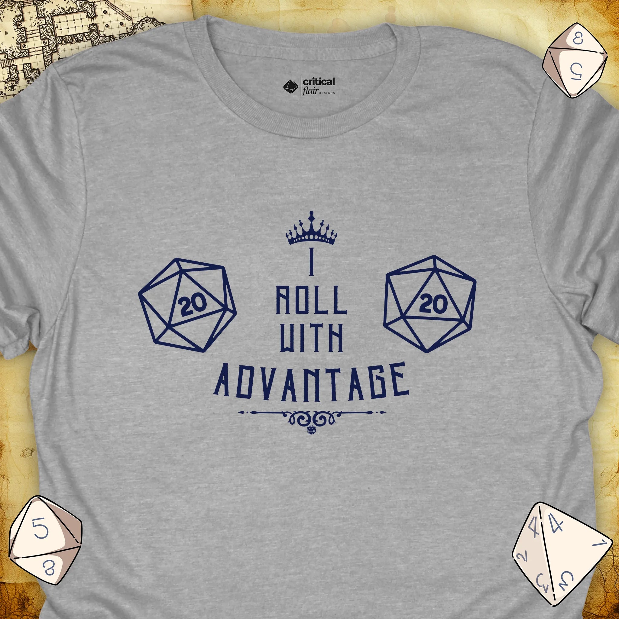 Critical Flair I Roll With Advantage T-Shirt Sport Grey / S - Dungeons and Dragons and tabletop RPG gaming apparel