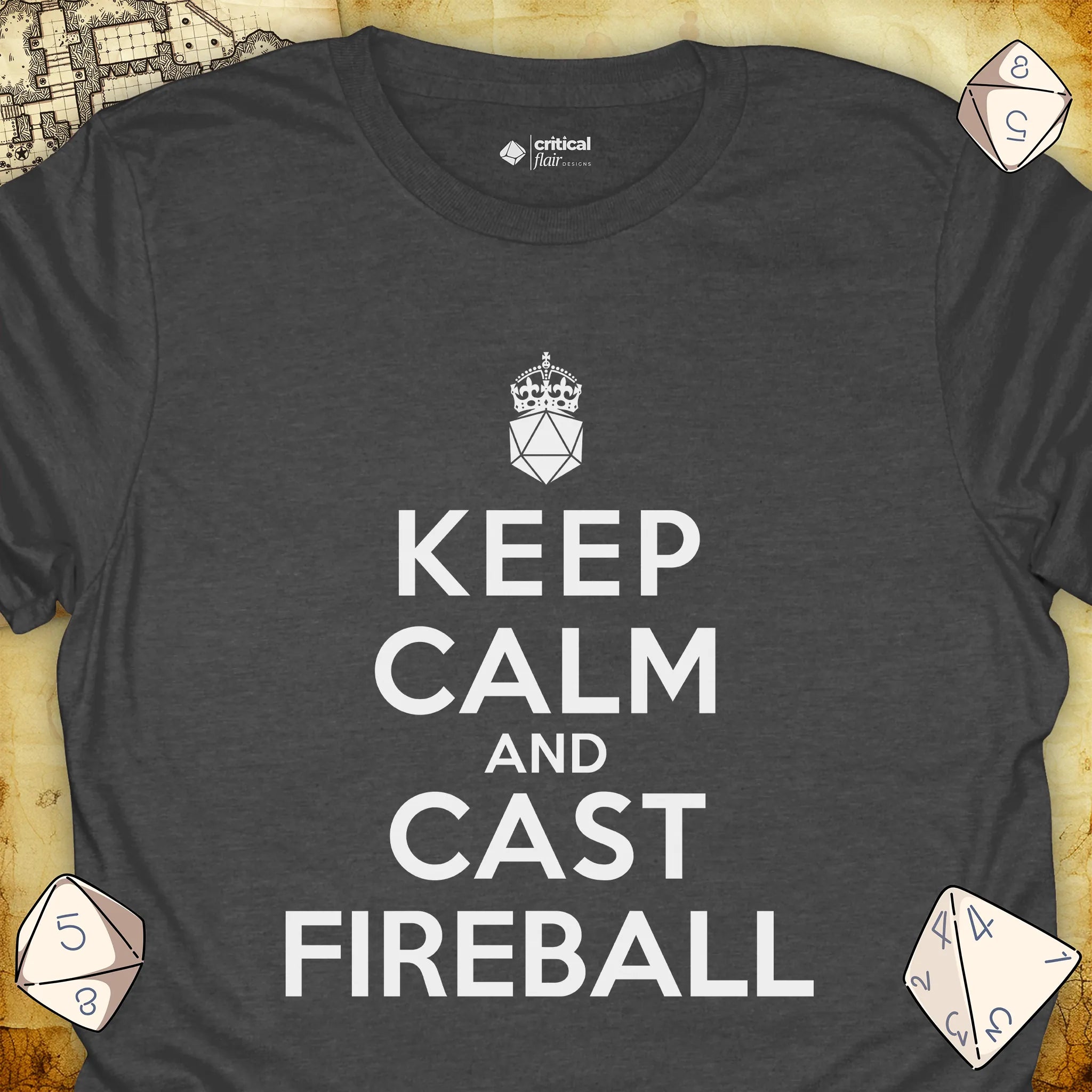 Critical Flair Keep Calm and Cast Fireball T-Shirt Dark Heather / S - Dungeons and Dragons and tabletop RPG gaming apparel