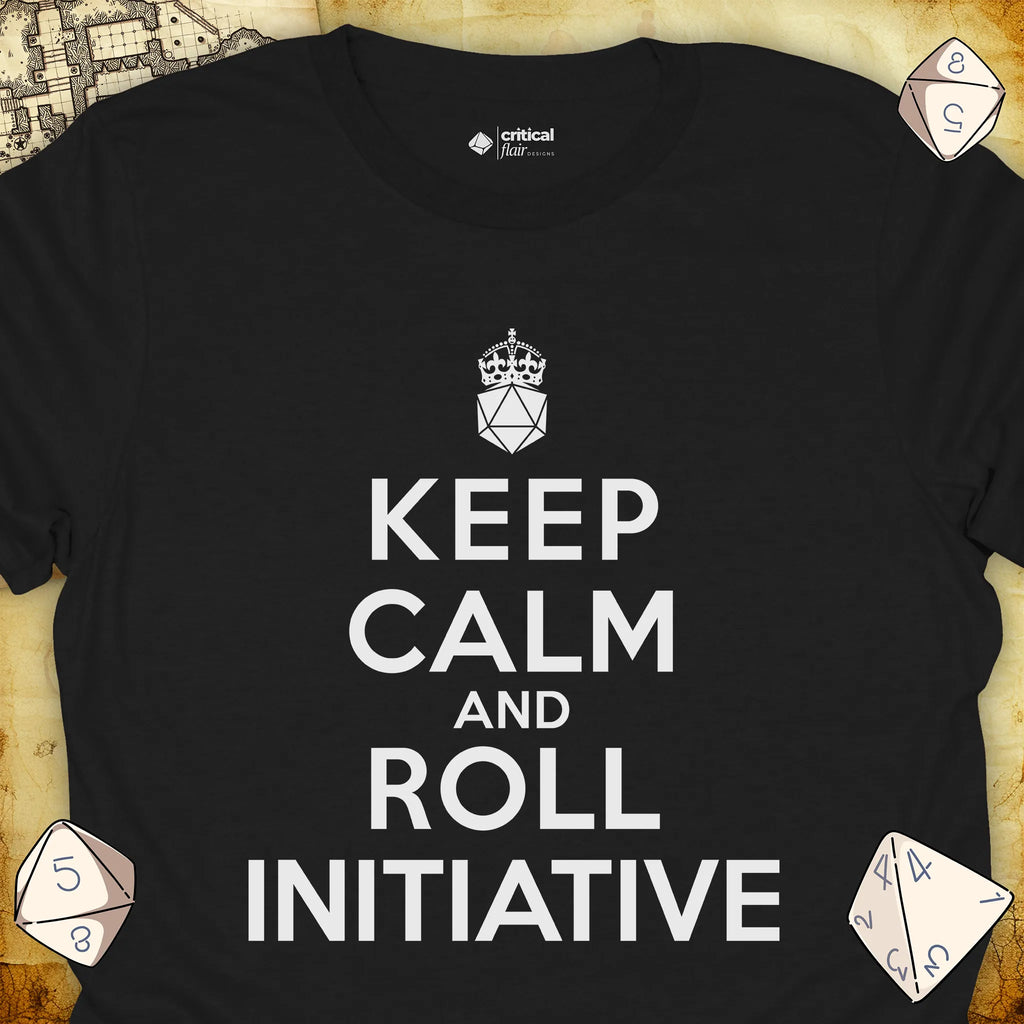Critical Flair Keep Calm and Roll Initiative T-Shirt Black / S - Dungeons and Dragons and tabletop RPG gaming apparel