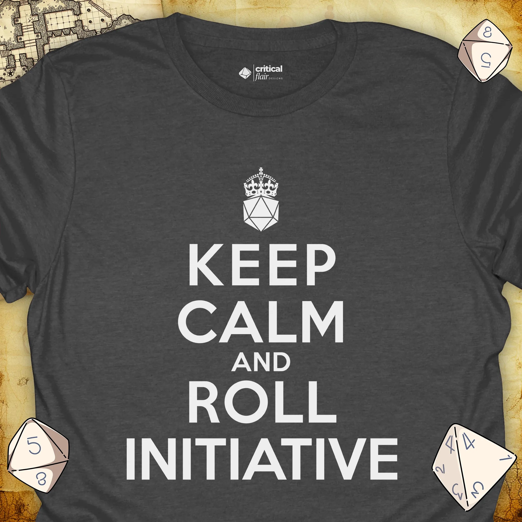 Critical Flair Keep Calm and Roll Initiative T-Shirt Dark Heather / S - Dungeons and Dragons and tabletop RPG gaming apparel