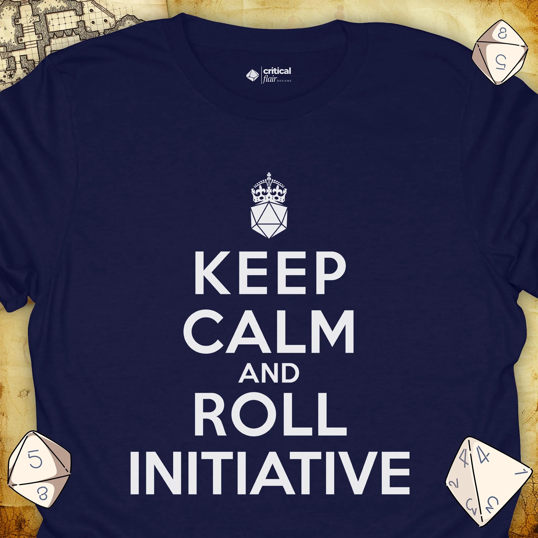 Critical Flair Keep Calm and Roll Initiative T-Shirt Navy / S - Dungeons and Dragons and tabletop RPG gaming apparel