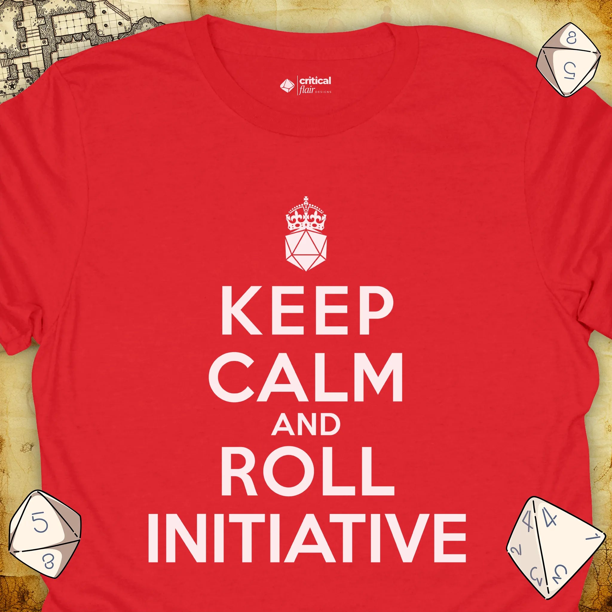 Critical Flair Keep Calm and Roll Initiative T-Shirt Red / S - Dungeons and Dragons and tabletop RPG gaming apparel