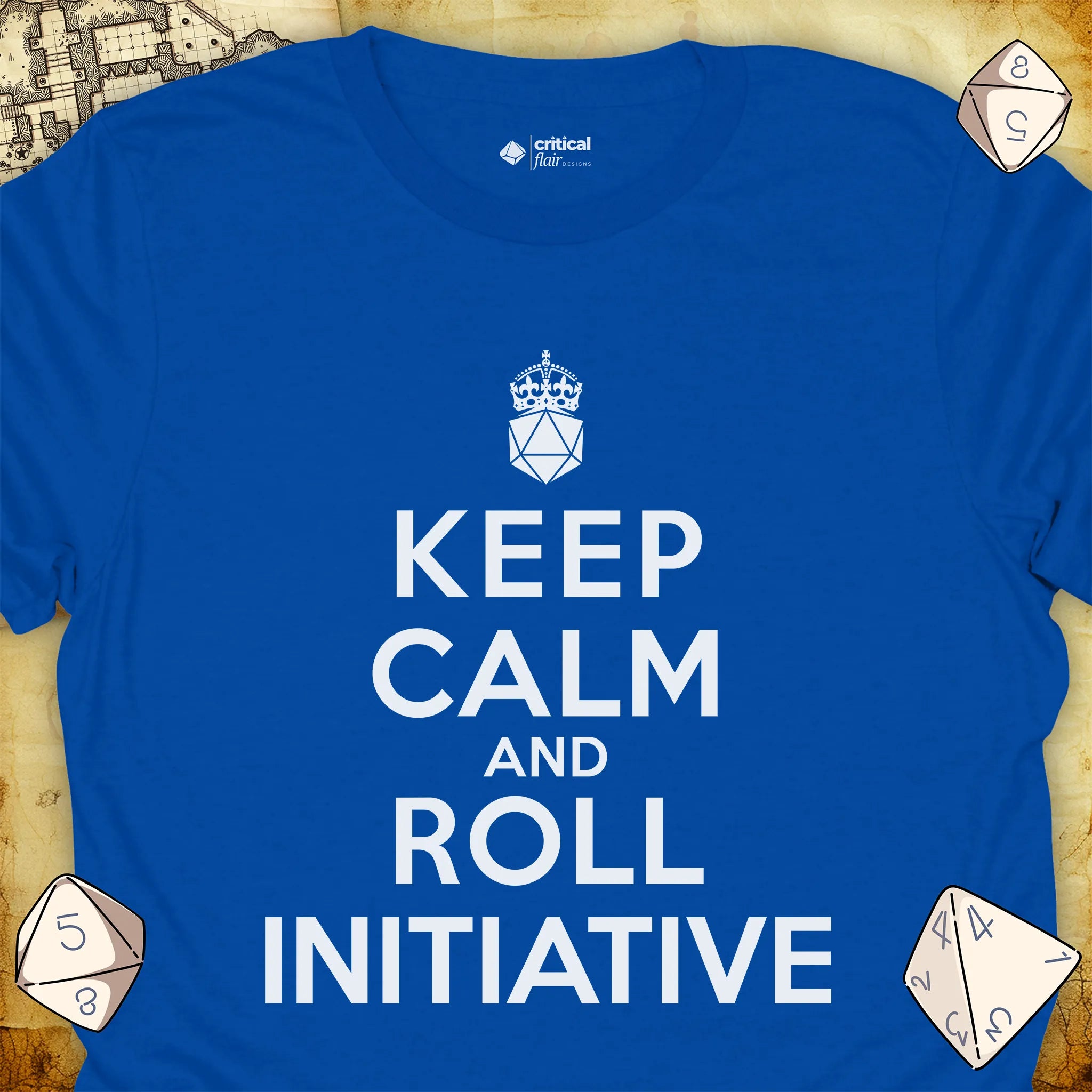Critical Flair Keep Calm and Roll Initiative T-Shirt Royal / S - Dungeons and Dragons and tabletop RPG gaming apparel
